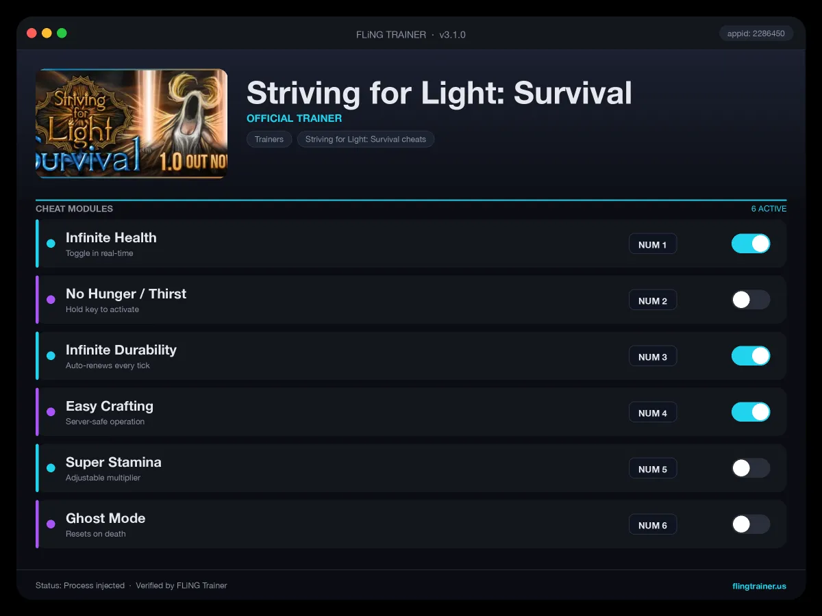 Striving for Light: Survival Trainer interface