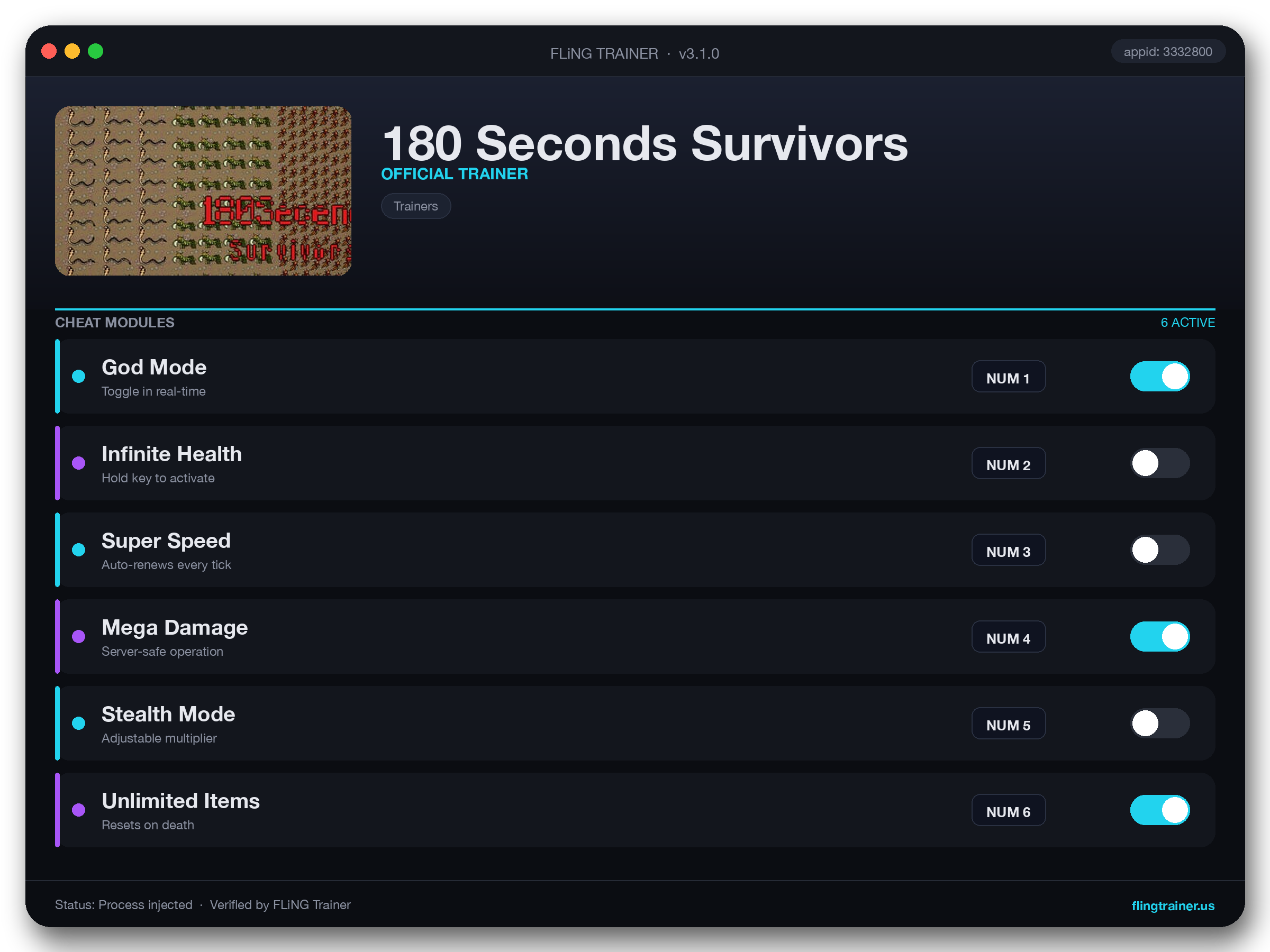 180 Seconds Survivors Trainer interface