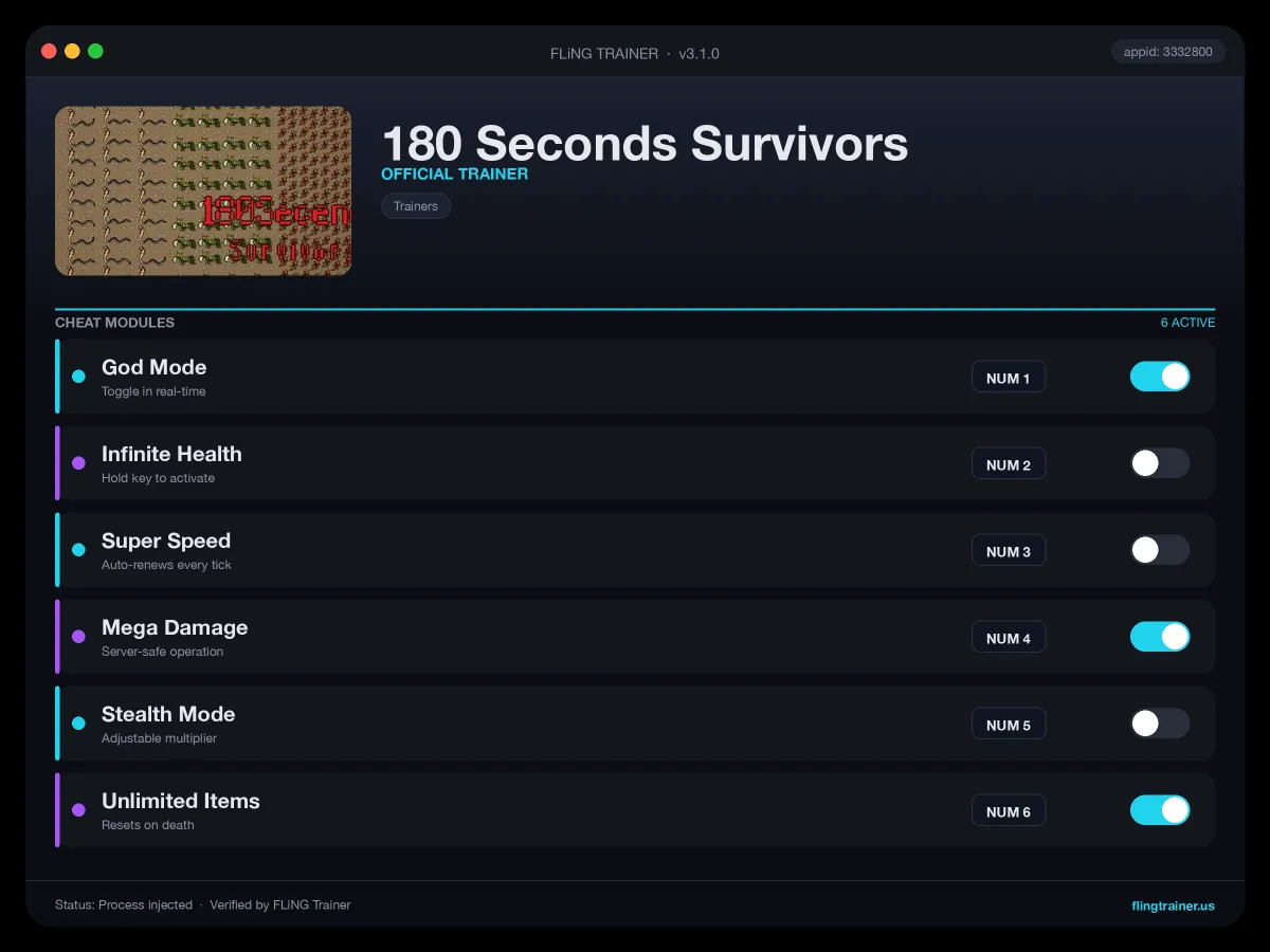 180 Seconds Survivors Trainer interface
