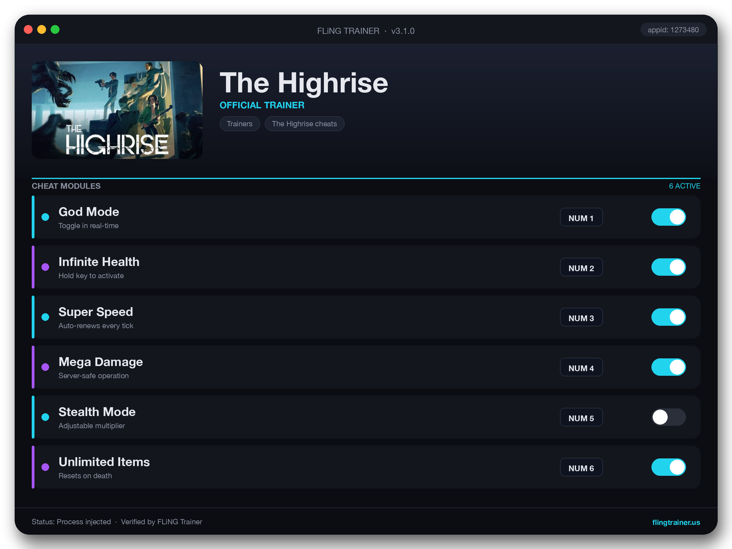 The Highrise Trainer interface