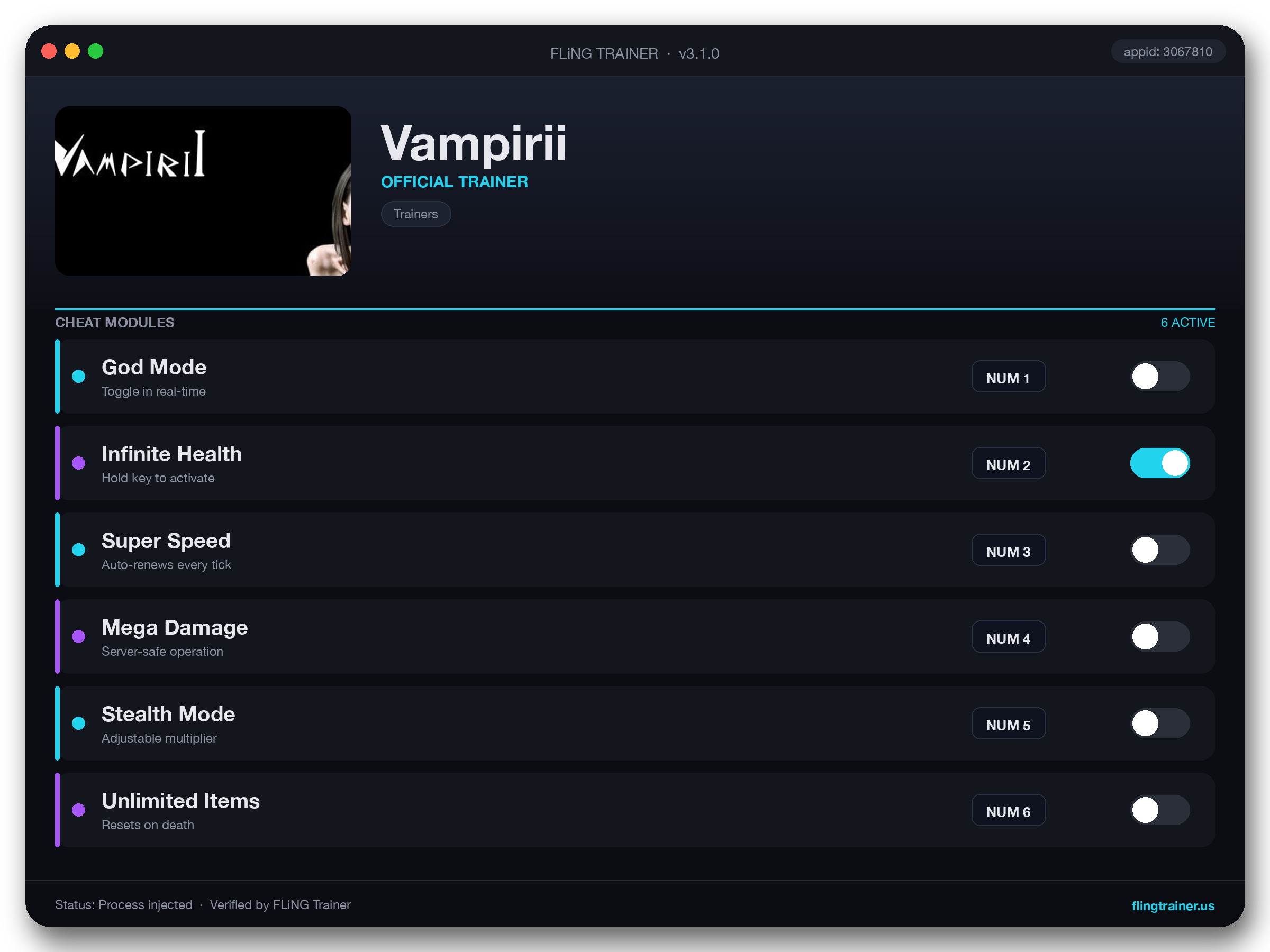 Vampirii Trainer interface