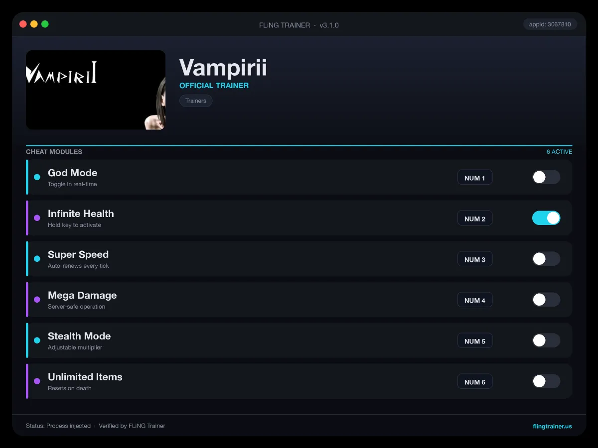 Vampirii Trainer interface