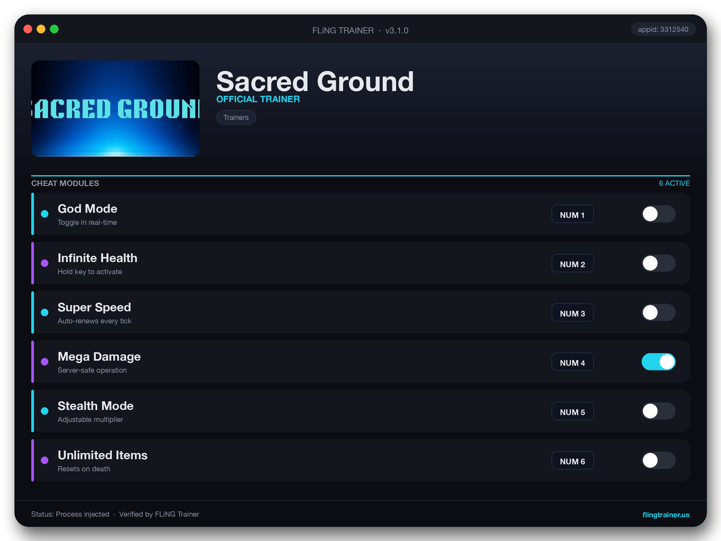 Sacred Ground Trainer interface