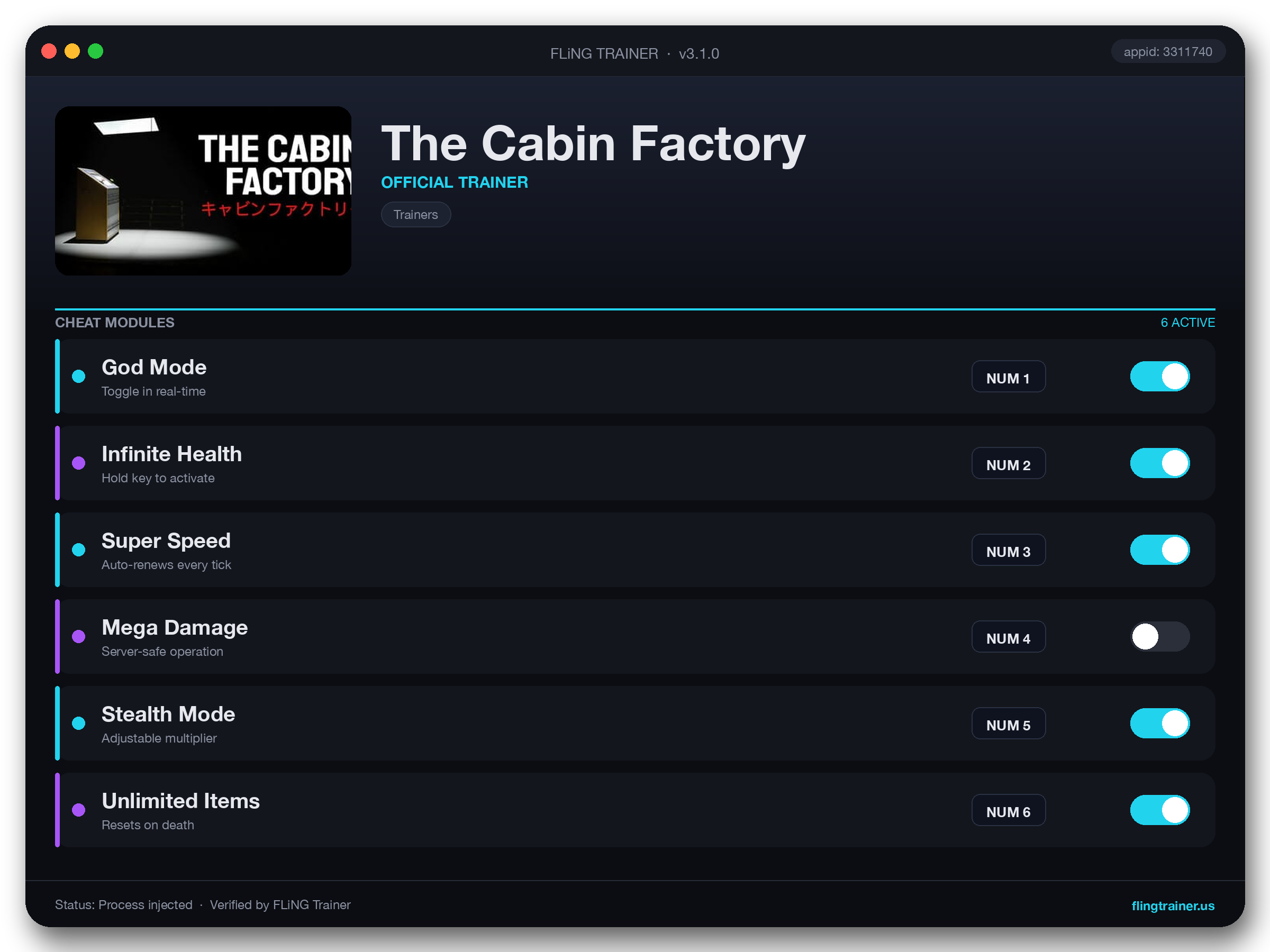 The Cabin Factory Trainer interface