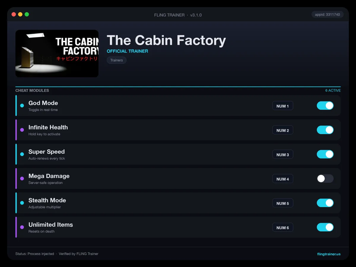 The Cabin Factory Trainer interface
