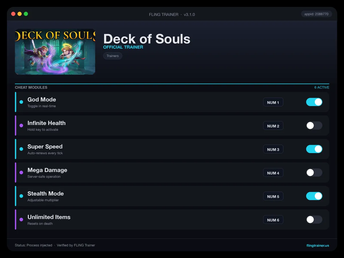 Deck of Souls Trainer interface
