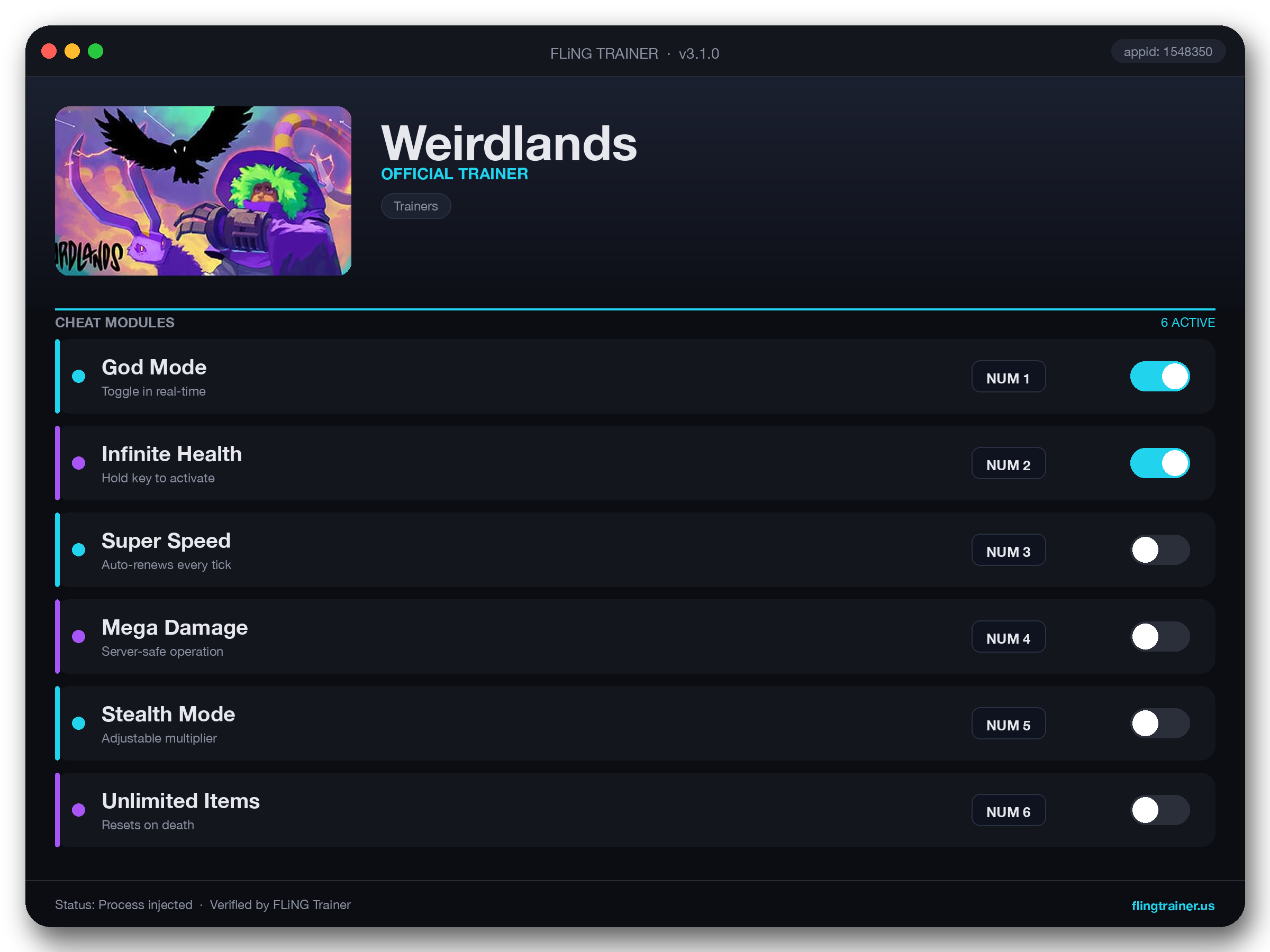 Weirdlands Trainer interface