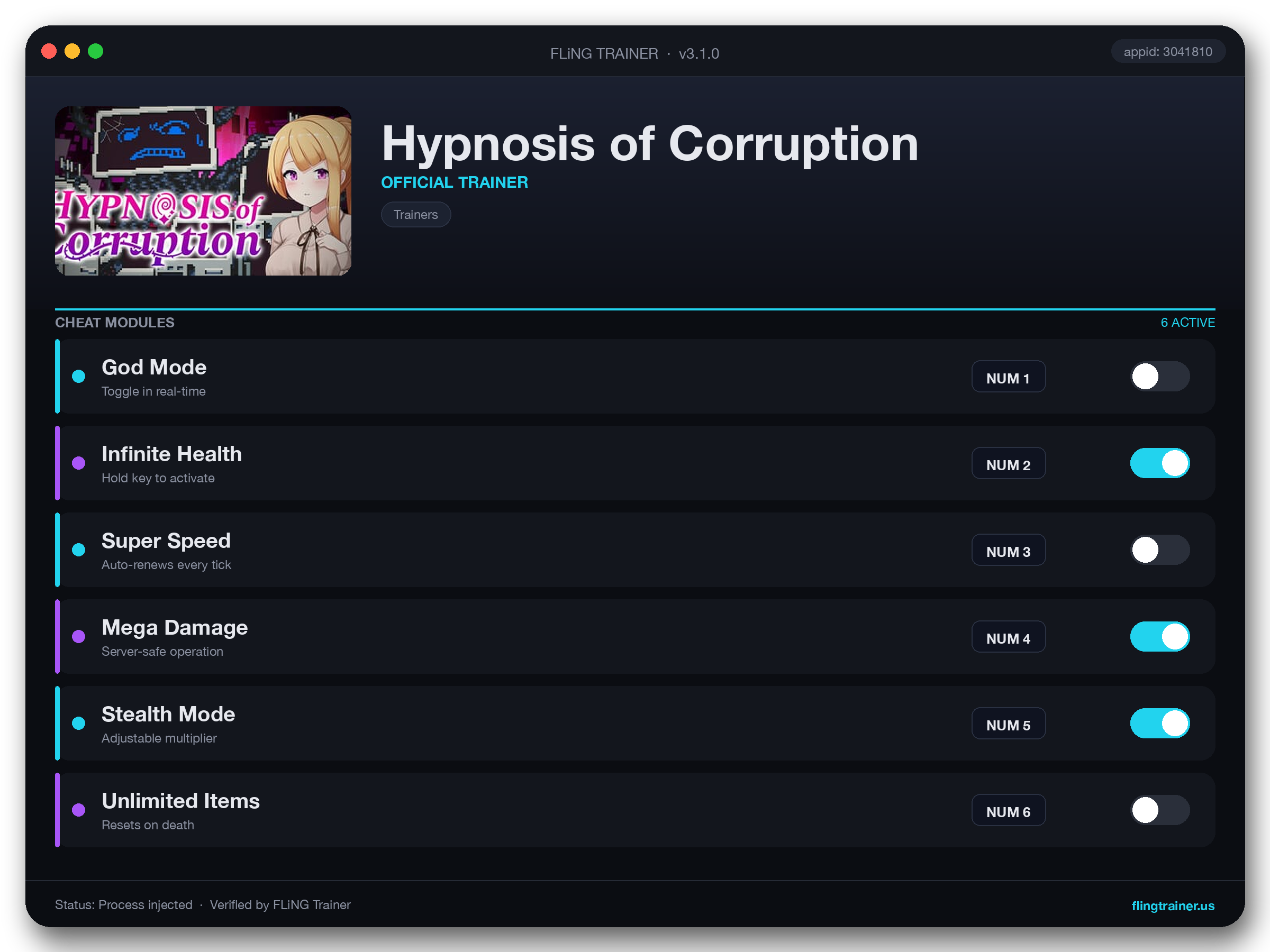 Hypnosis of Corruption Trainer interface