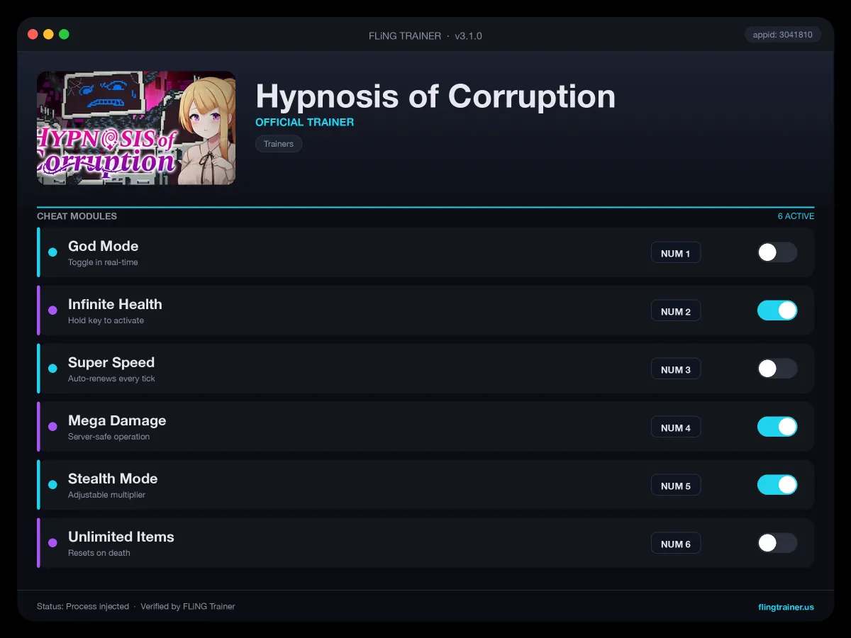 Hypnosis of Corruption Trainer interface