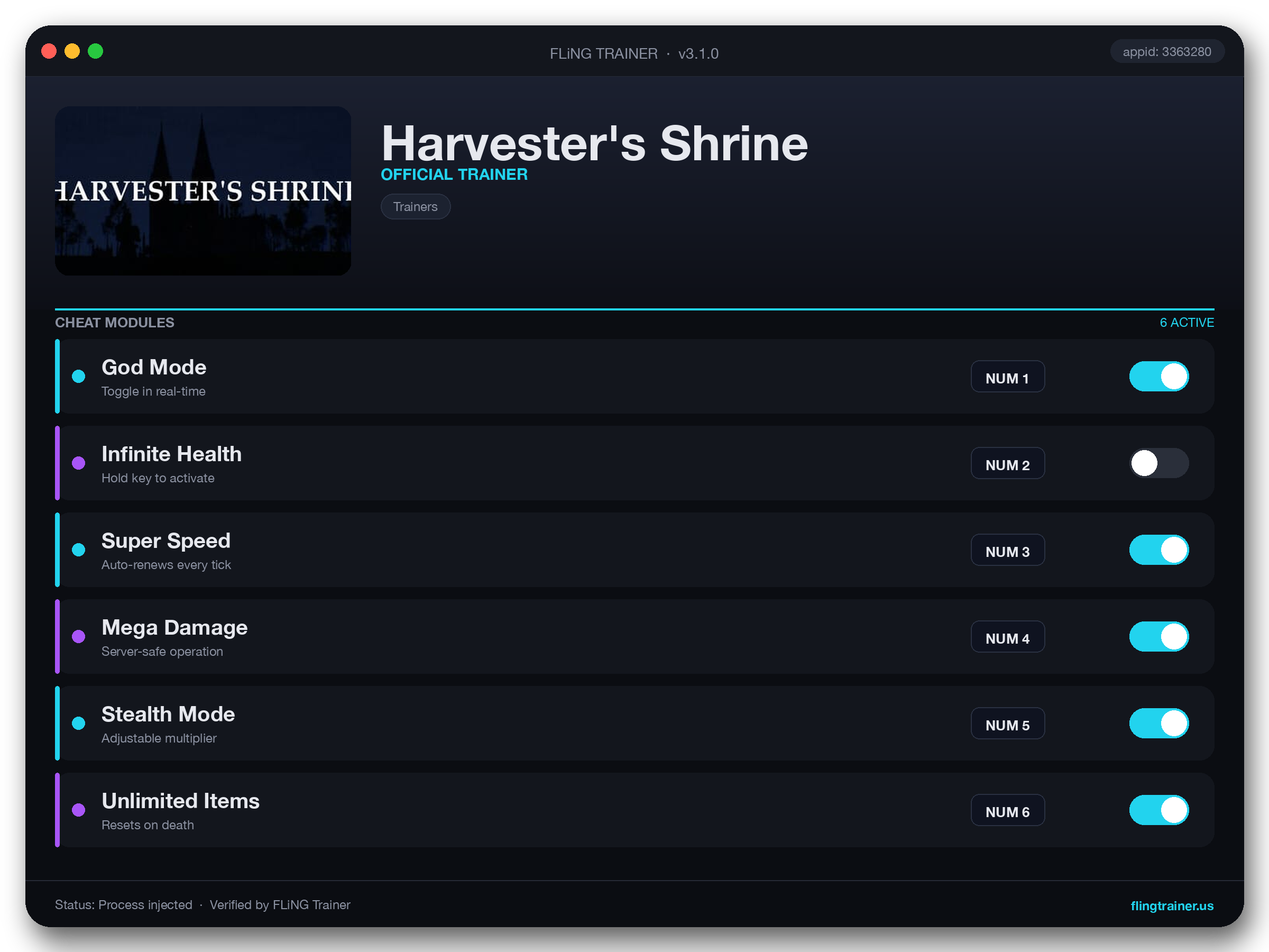 Harvester's Shrine Trainer interface