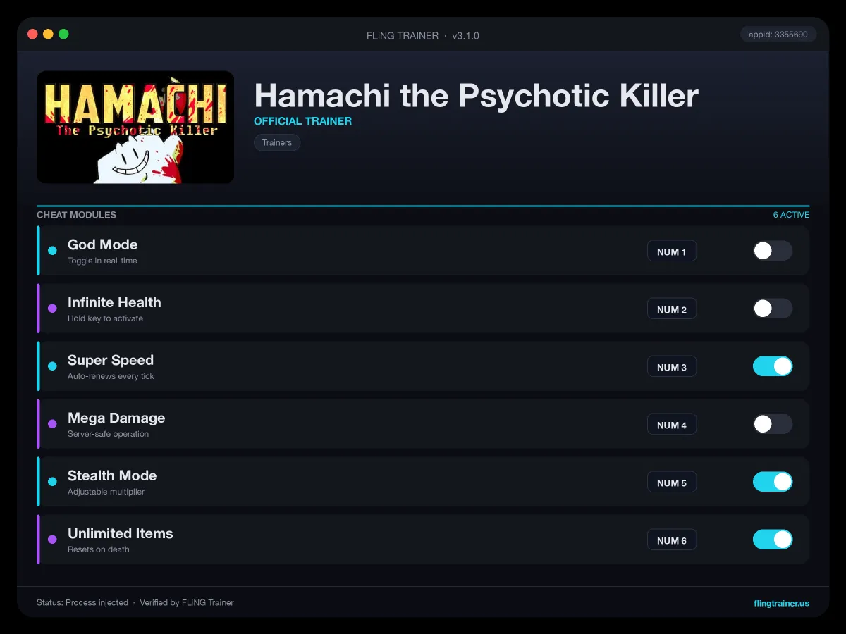 Hamachi the Psychotic Killer Trainer interface