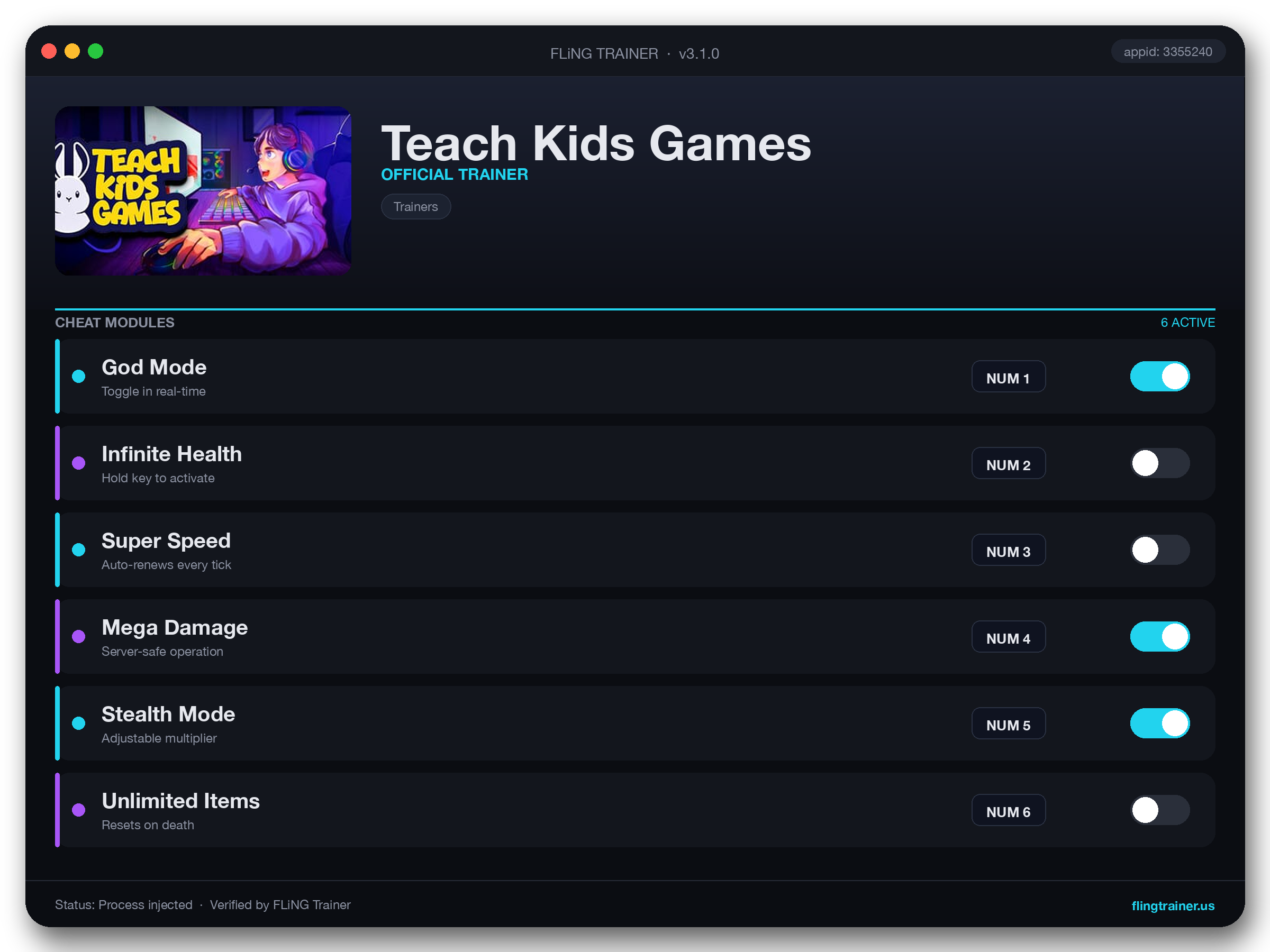 Teach Kids Games Trainer interface