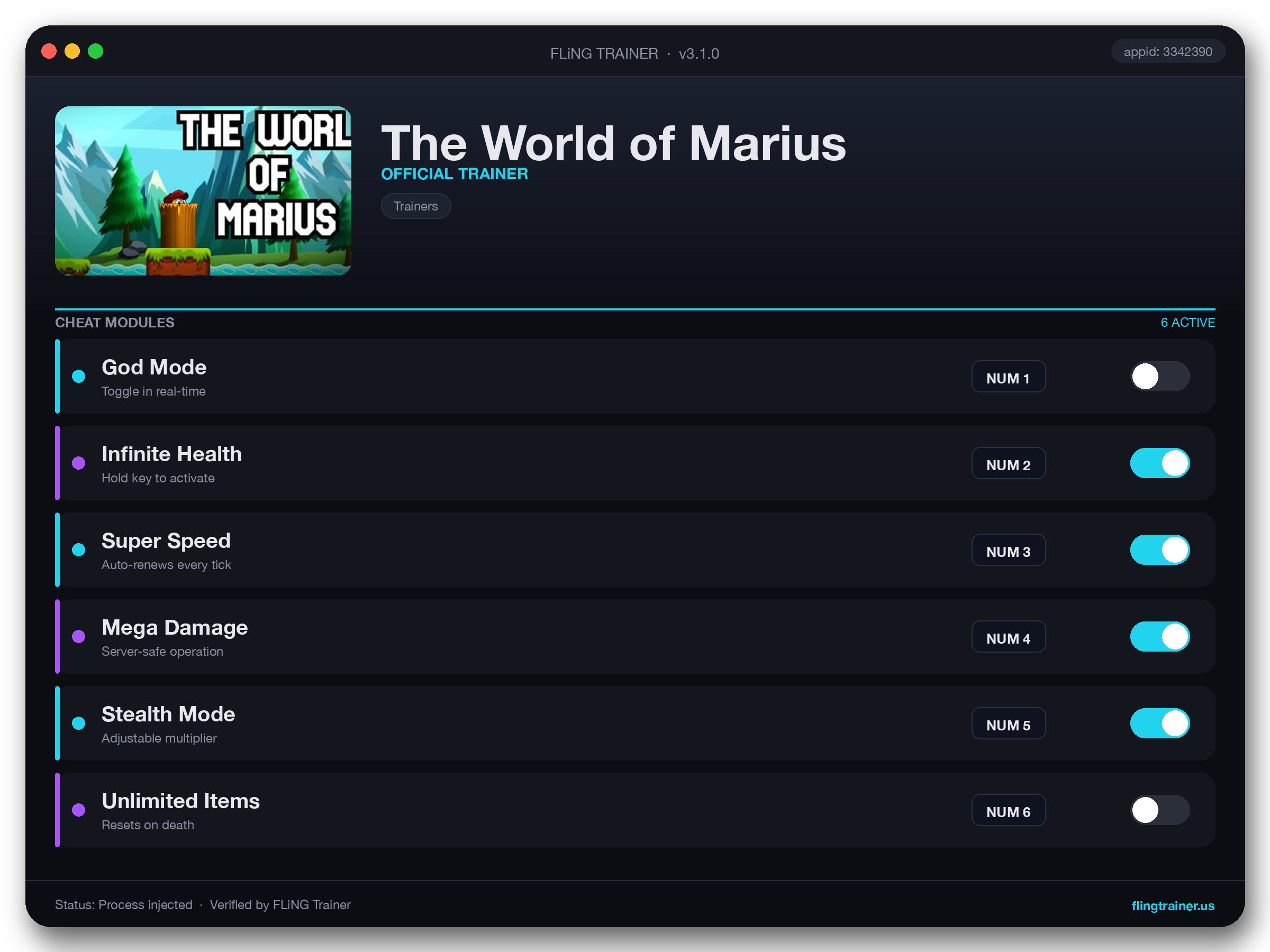 The World of Marius Trainer interface