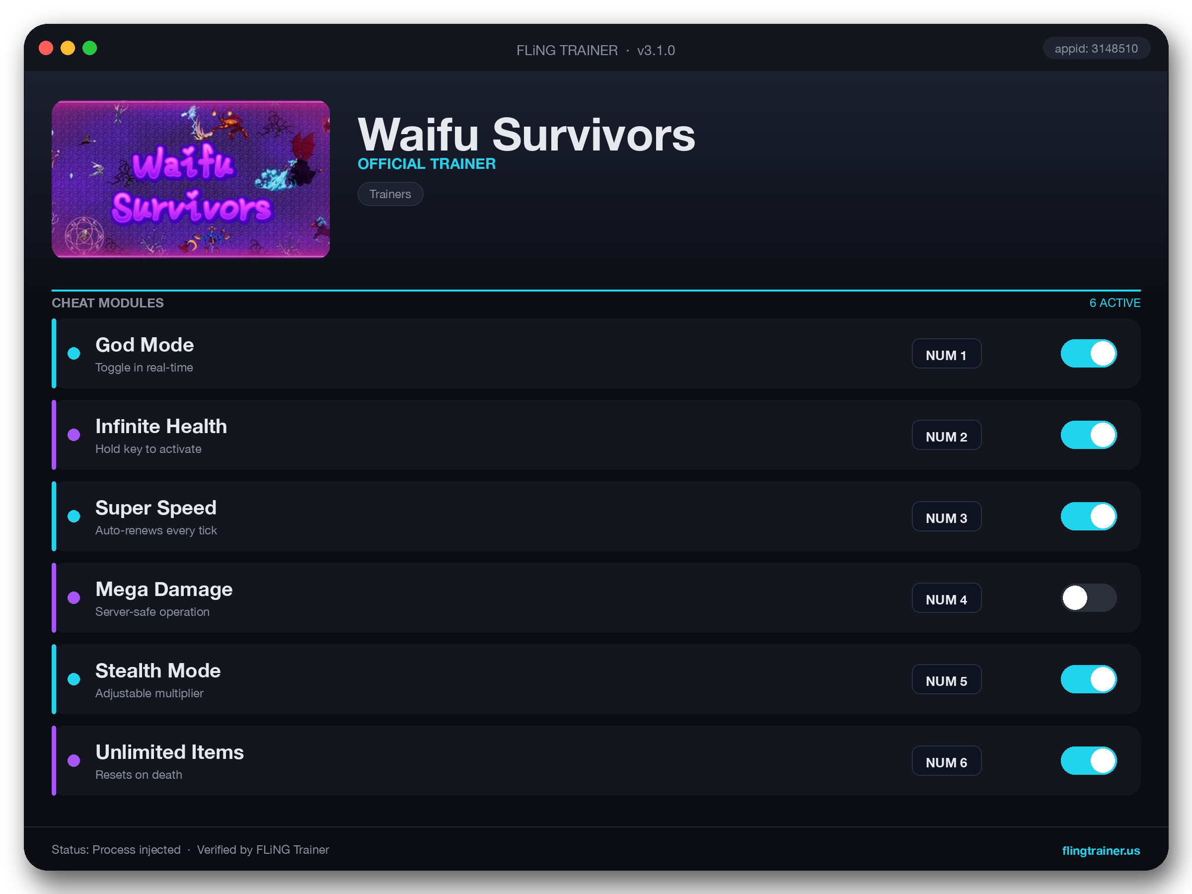 Waifu Survivors Trainer interface