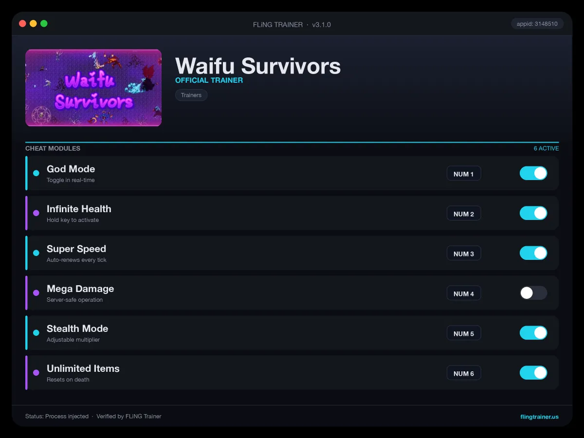 Waifu Survivors Trainer interface