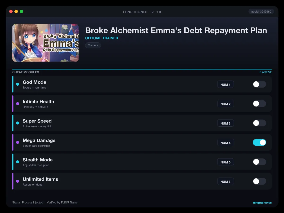 Broke Alchemist Emma's Debt Repayment Plan Trainer interface