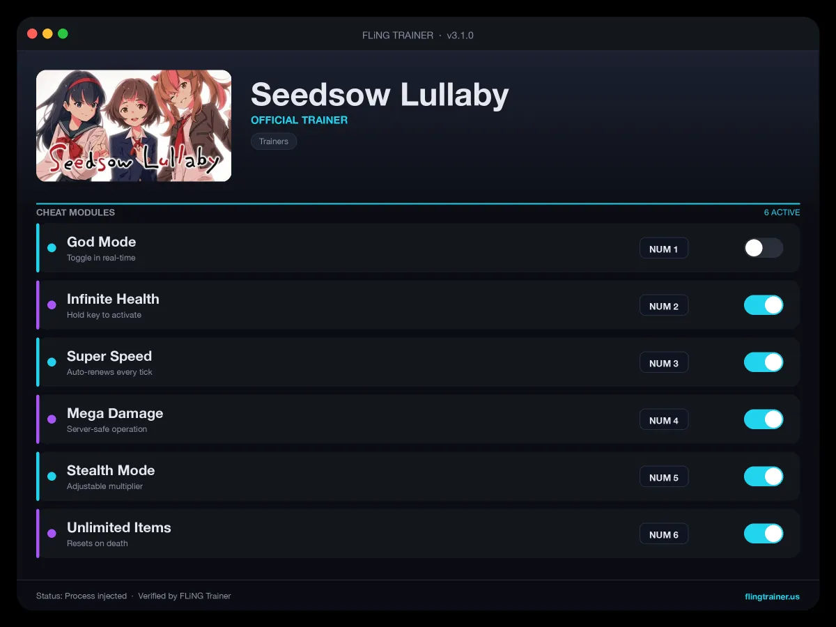 Seedsow Lullaby Trainer interface