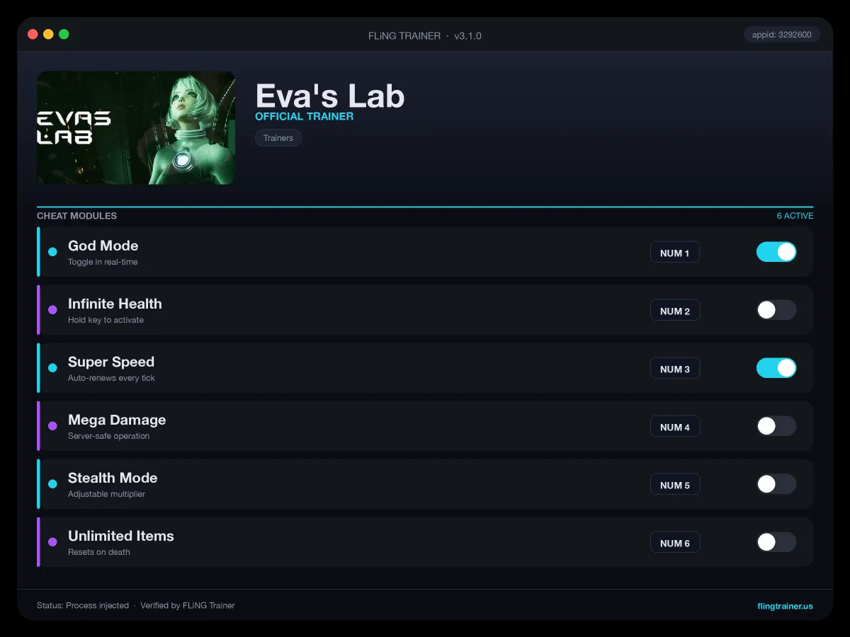Eva's Lab Trainer interface