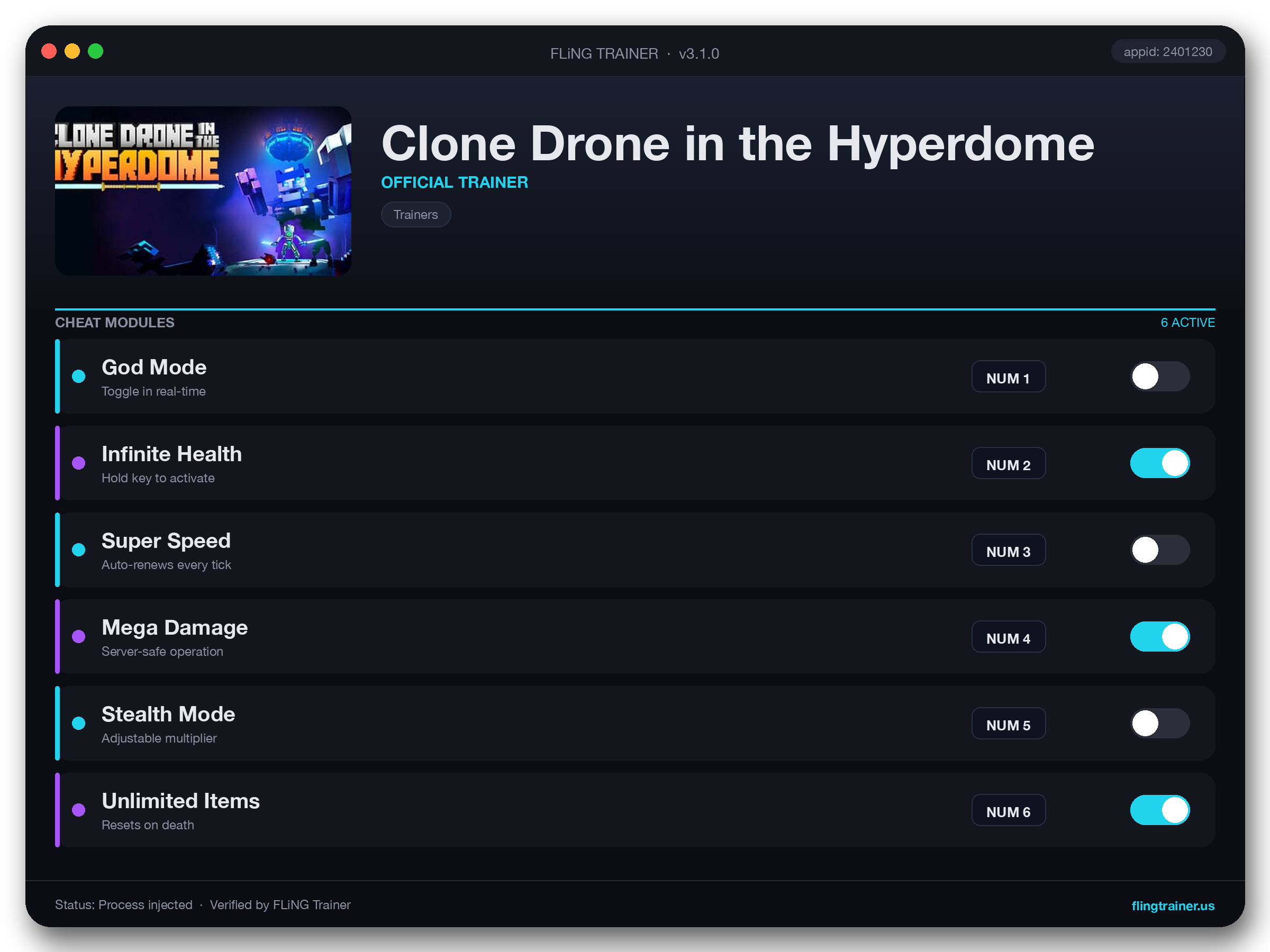 Clone Drone in the Hyperdome Trainer interface