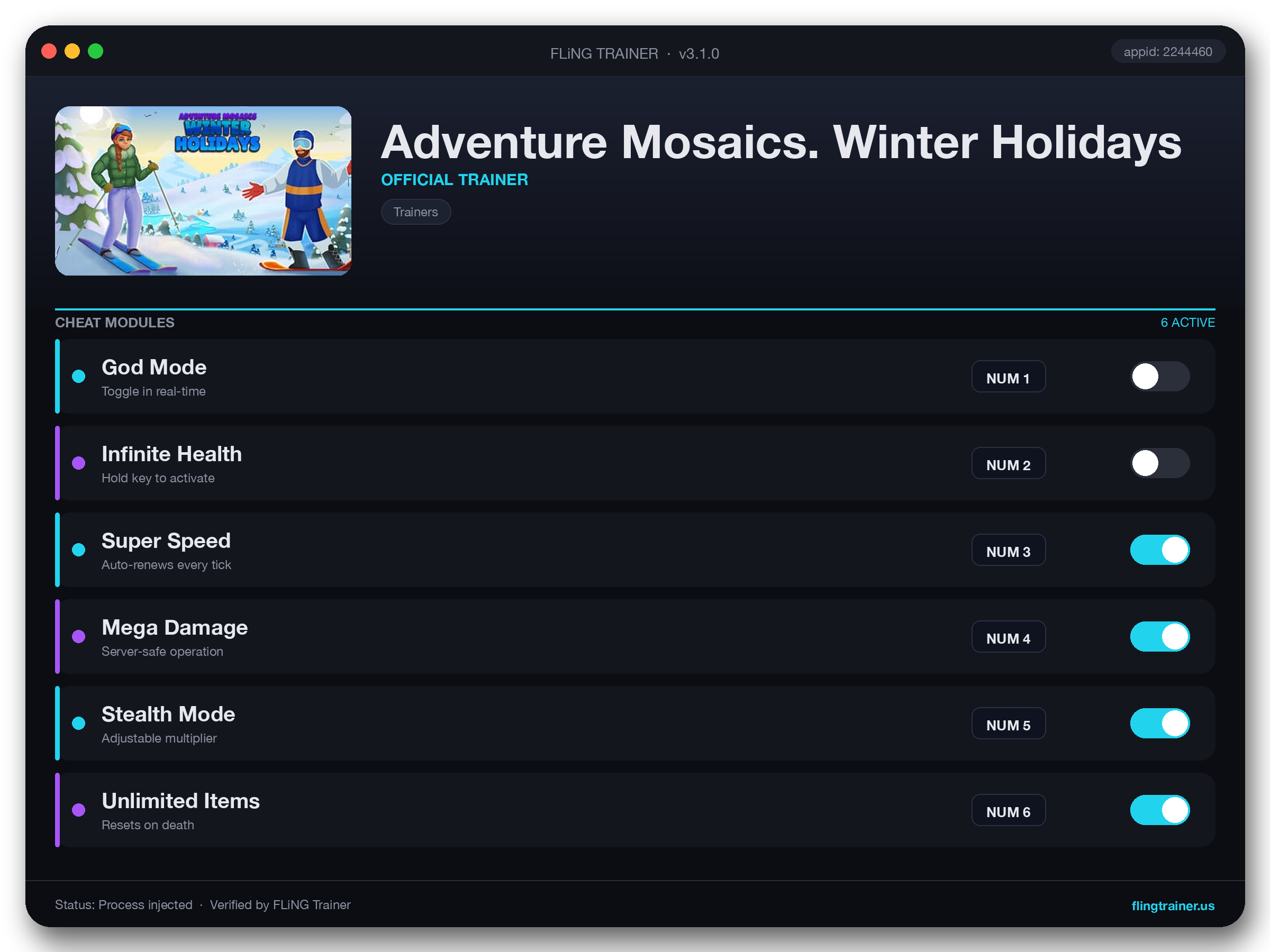 Adventure Mosaics. Winter Holidays Trainer interface