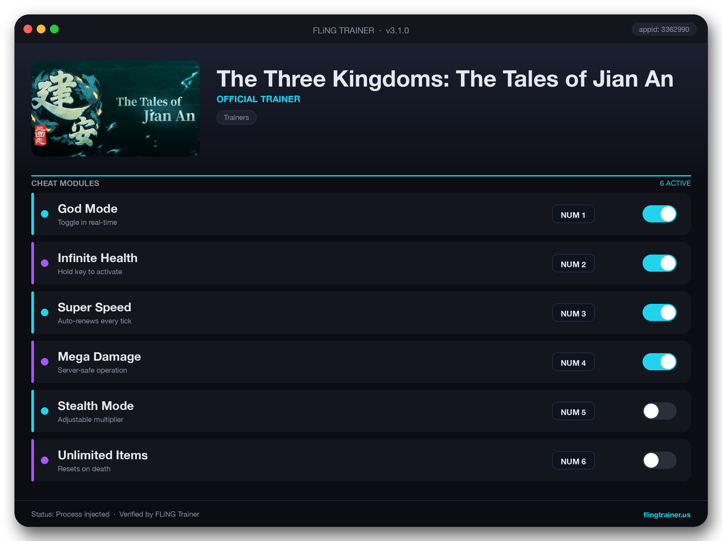 The Three Kingdoms: The Tales of Jian An Trainer interface