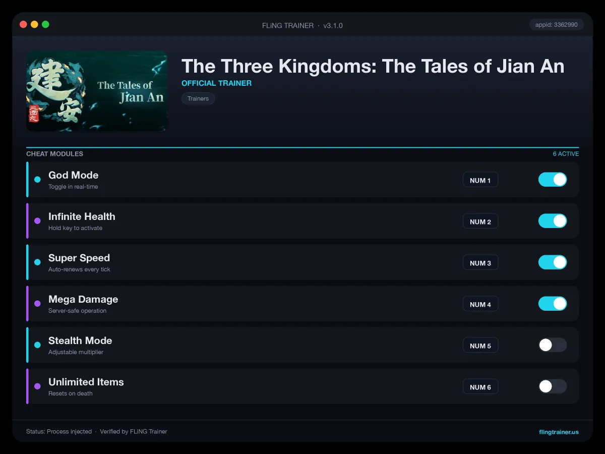 The Three Kingdoms: The Tales of Jian An Trainer interface