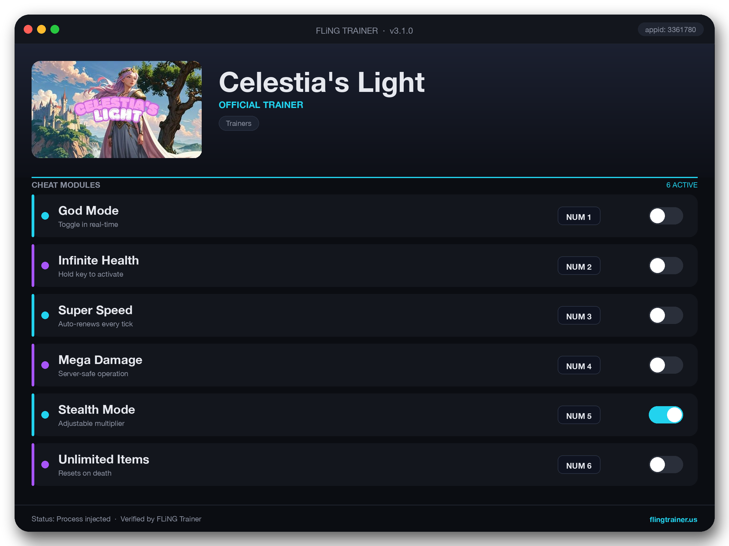 Celestia's Light Trainer interface