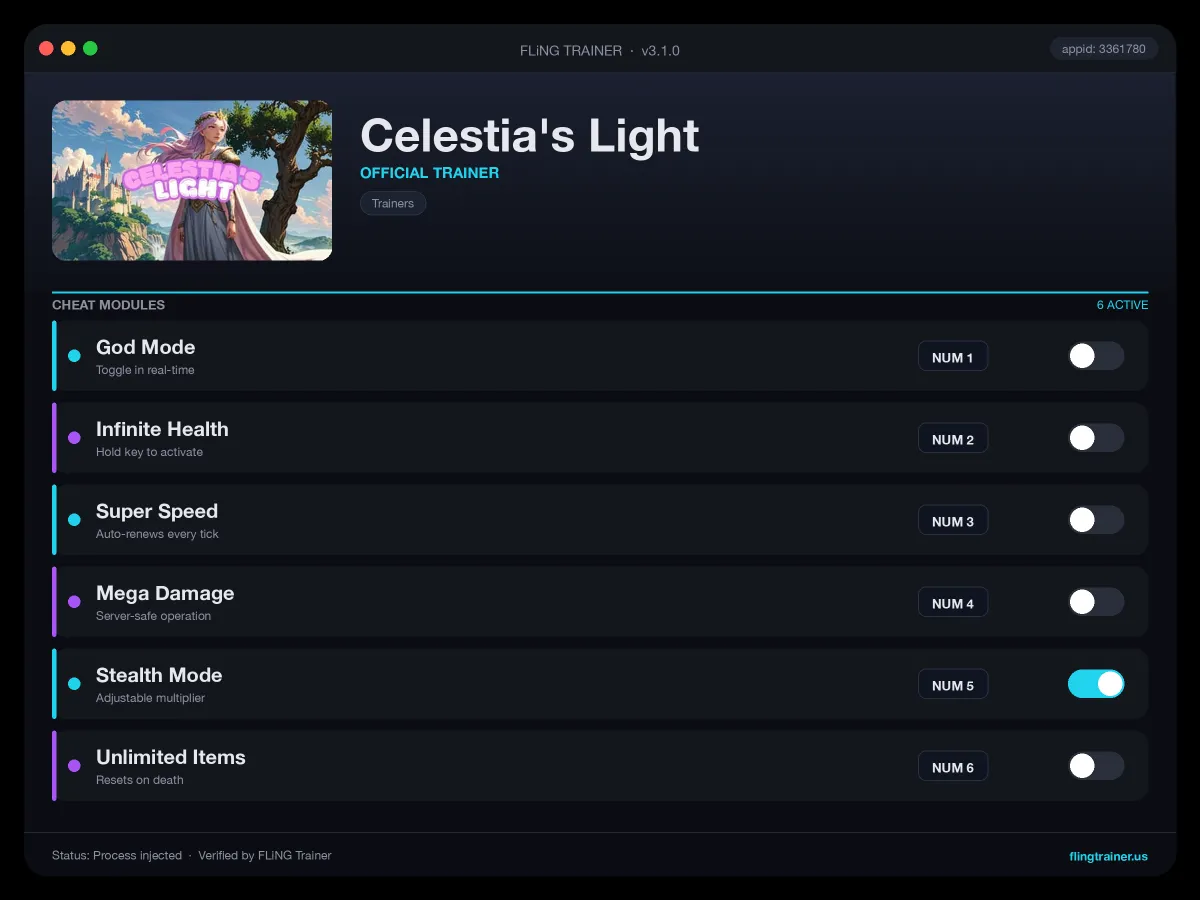 Celestia's Light Trainer interface