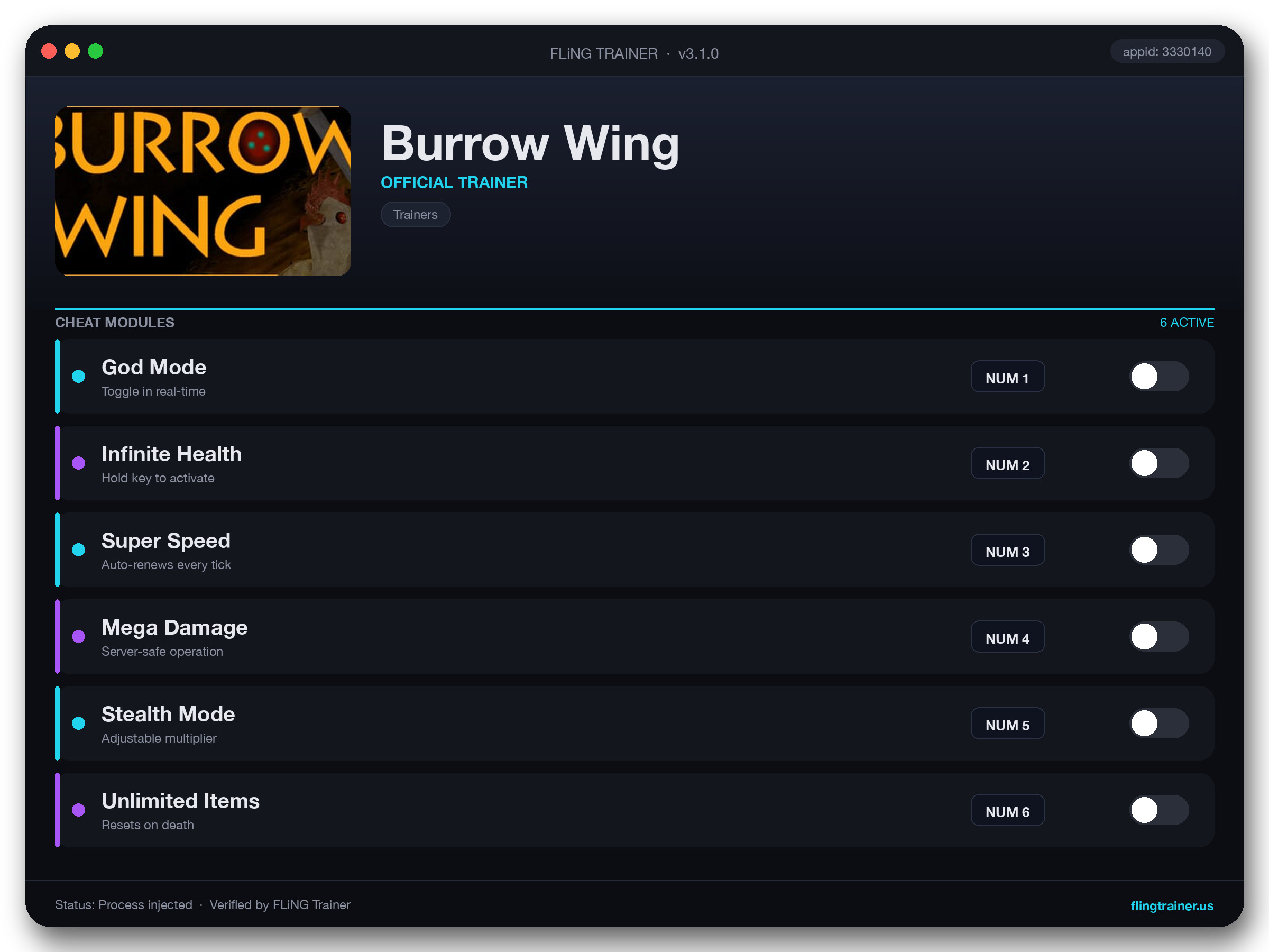 Burrow Wing Trainer interface