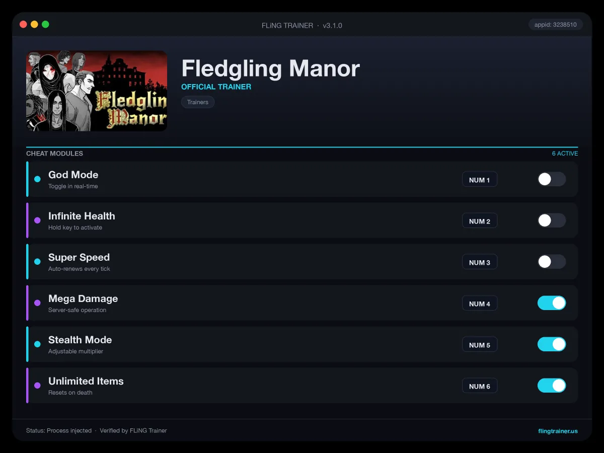 Fledgling Manor Trainer interface
