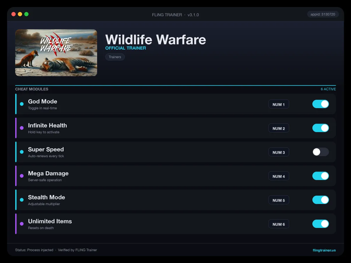 Wildlife Warfare Trainer interface
