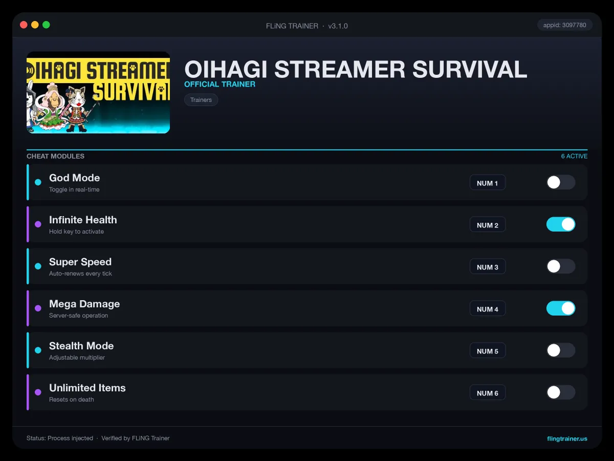 OIHAGI STREAMER SURVIVAL Trainer interface