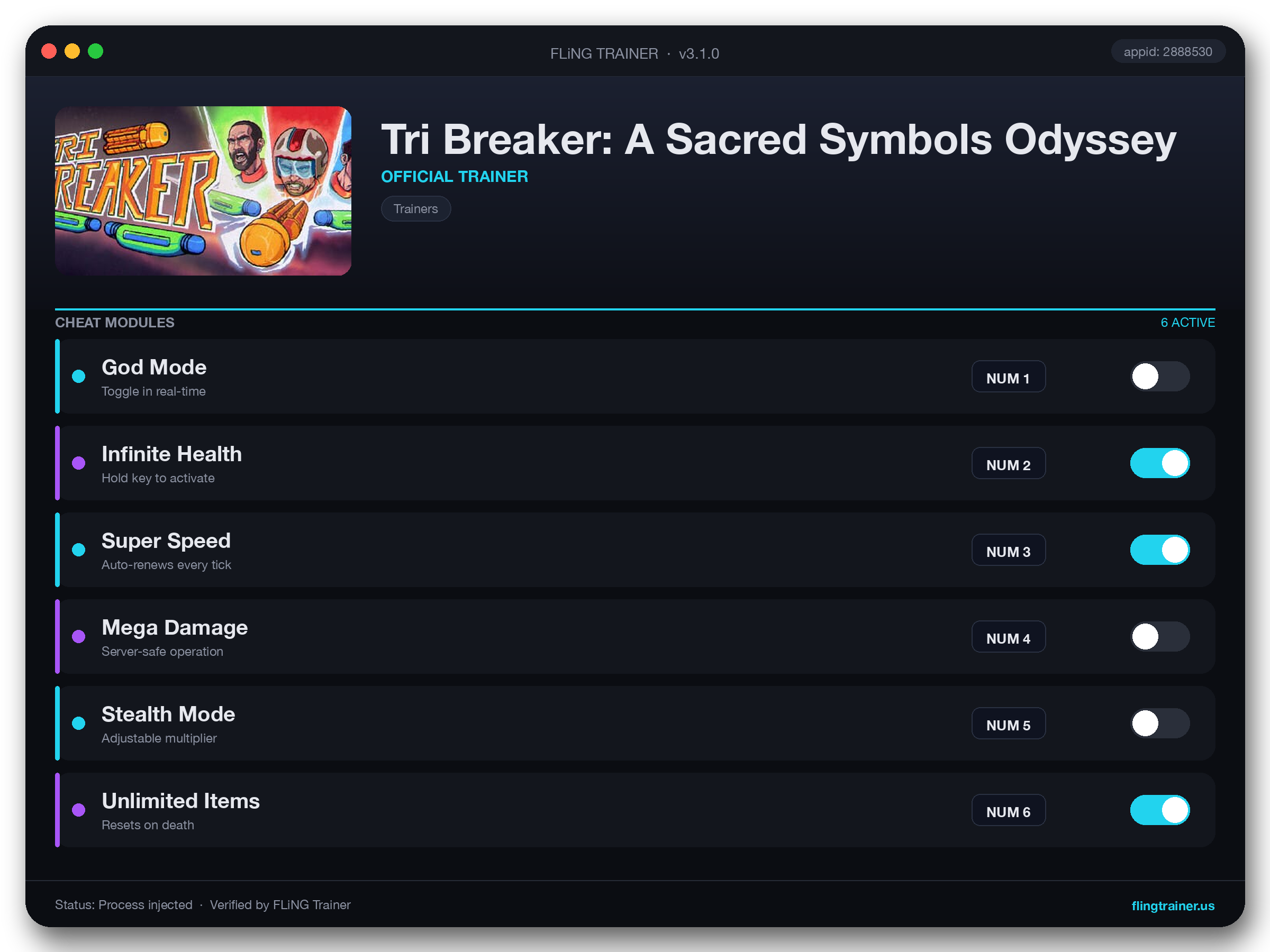 Tri Breaker: A Sacred Symbols Odyssey Trainer interface