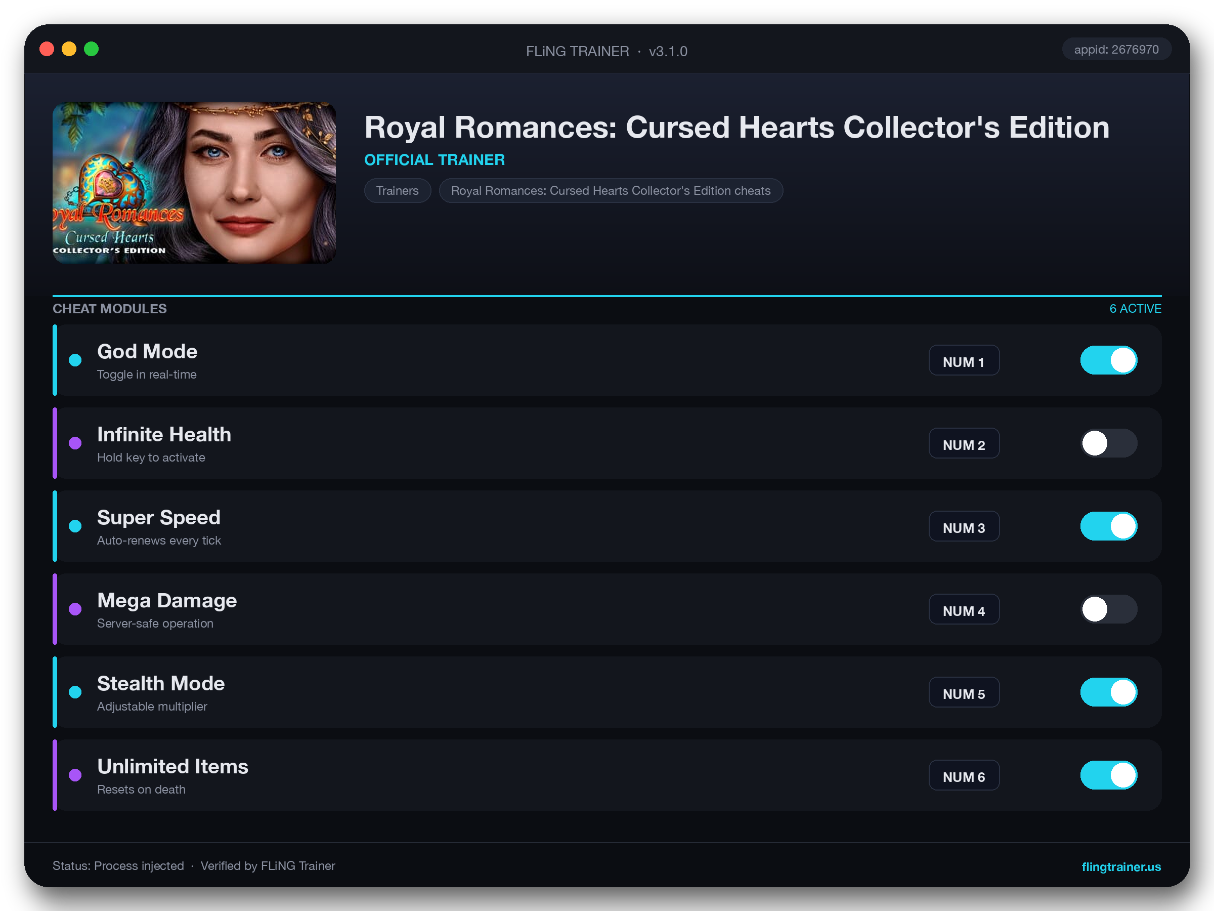 Royal Romances: Cursed Hearts Collector's Edition Trainer interface