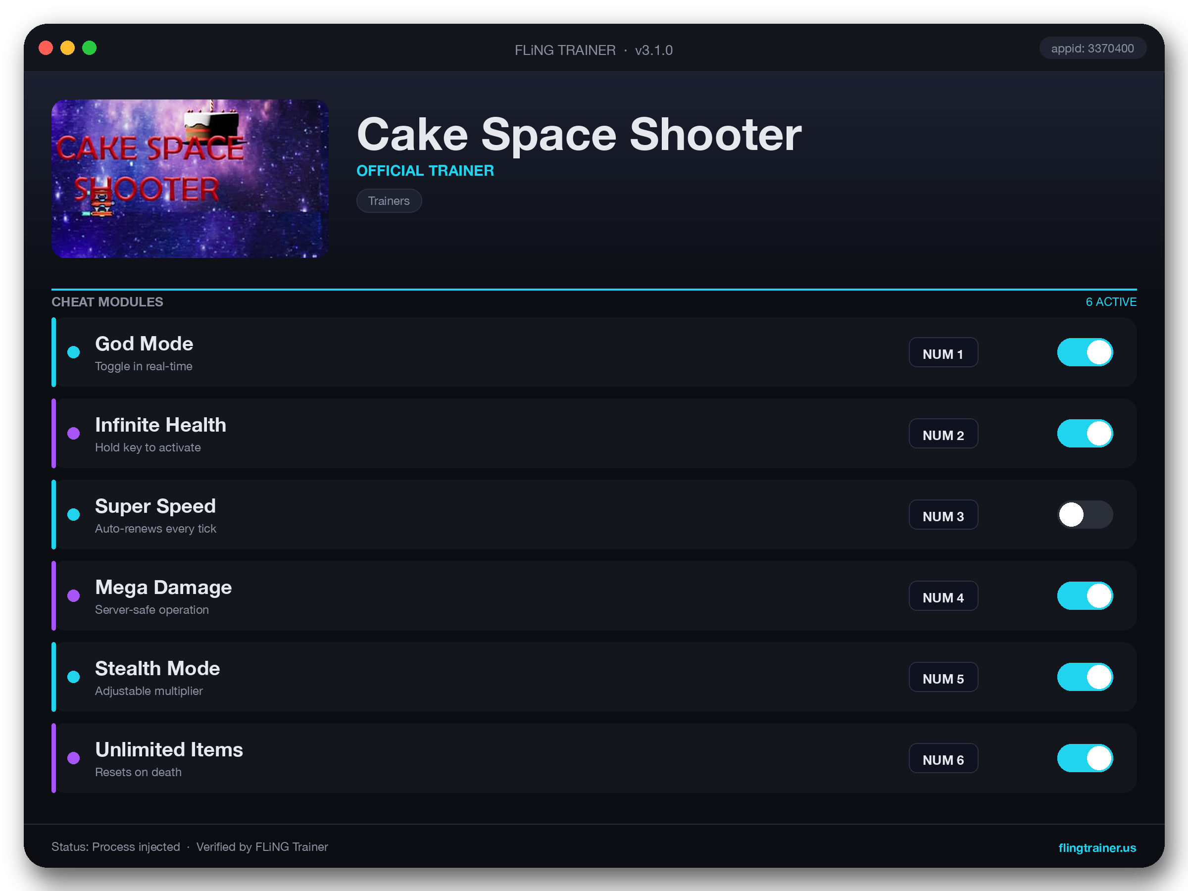 Cake Space Shooter Trainer interface
