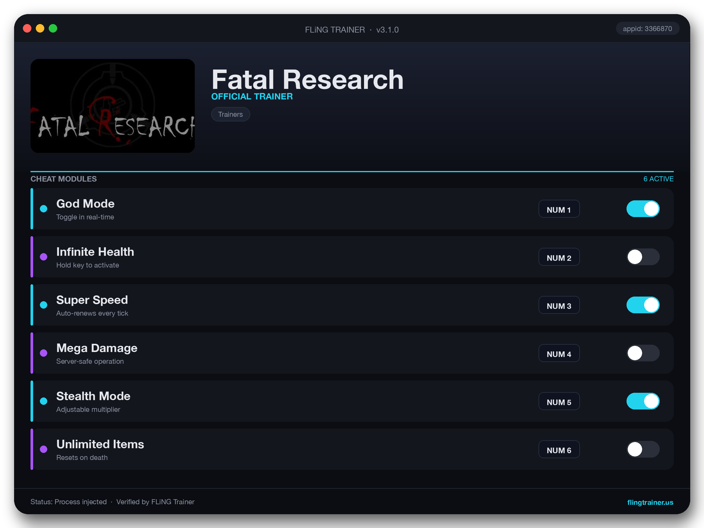 Fatal Research Trainer interface