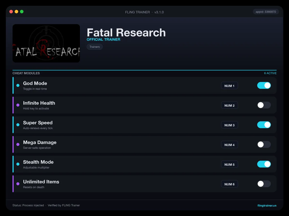 Fatal Research Trainer interface