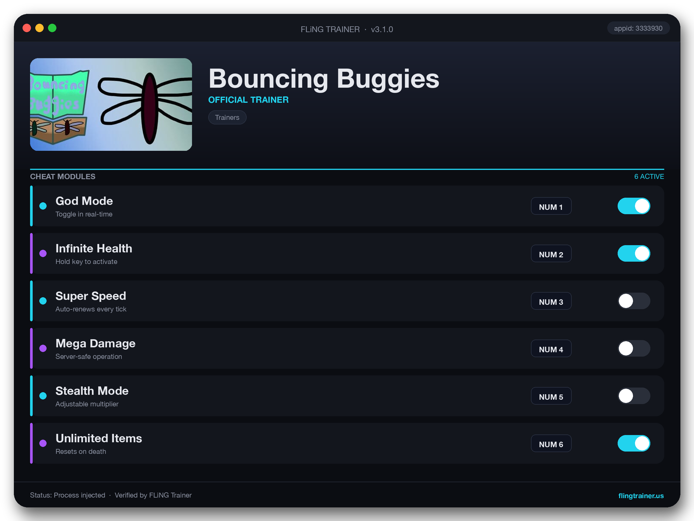 Bouncing Buggies Trainer interface