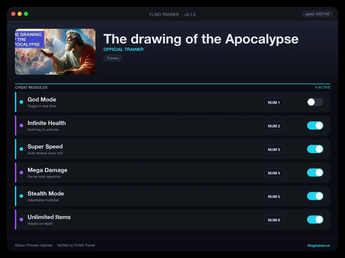 The drawing of the Apocalypse Trainer interface