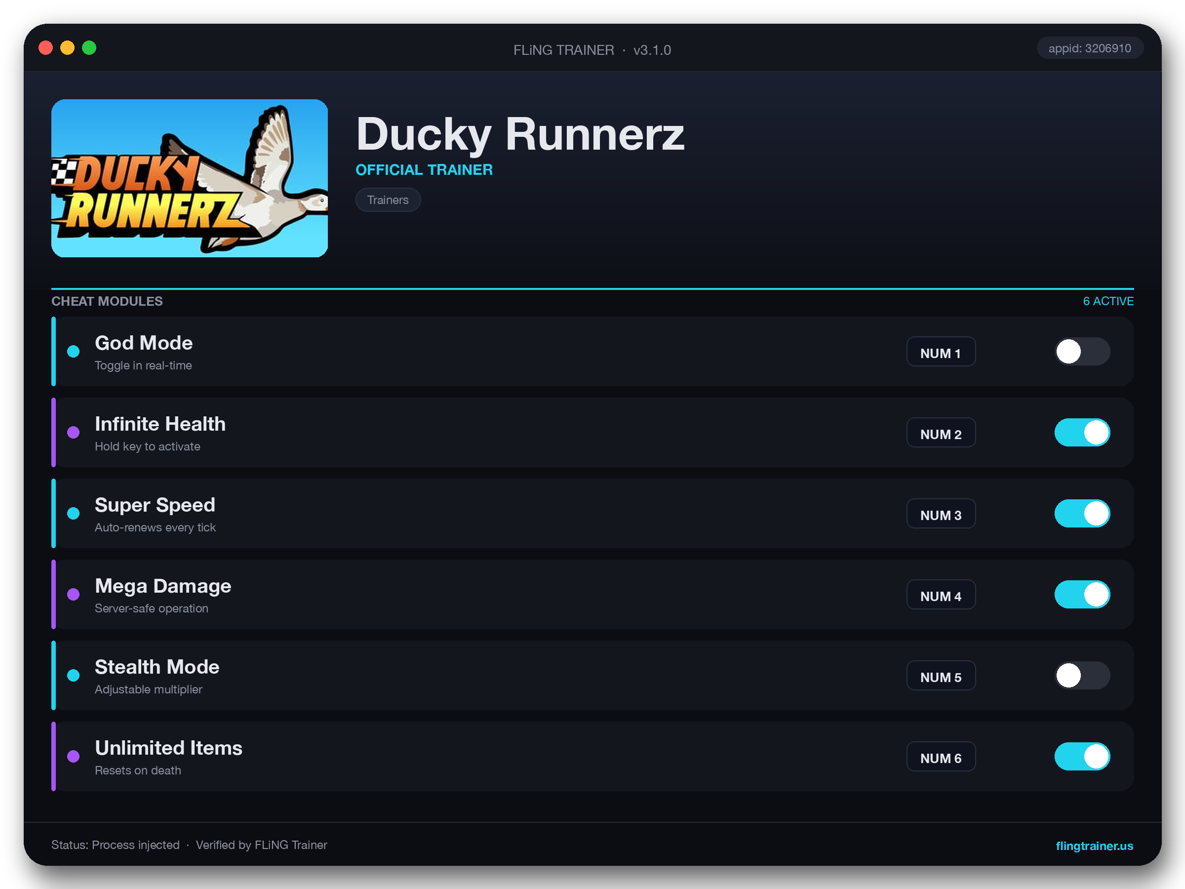 Ducky Runnerz Trainer interface