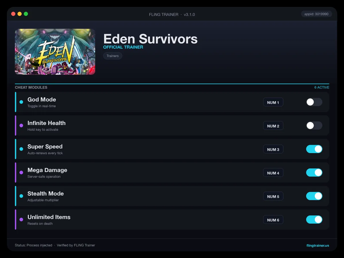 Eden Survivors Trainer interface