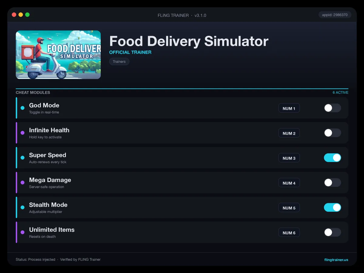 Food Delivery Simulator Trainer interface