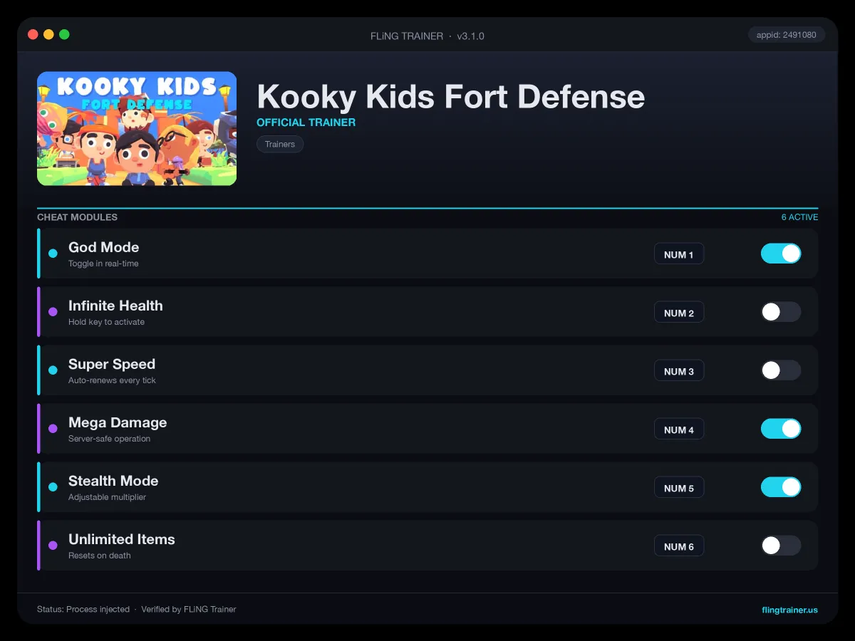 Kooky Kids Fort Defense Trainer interface