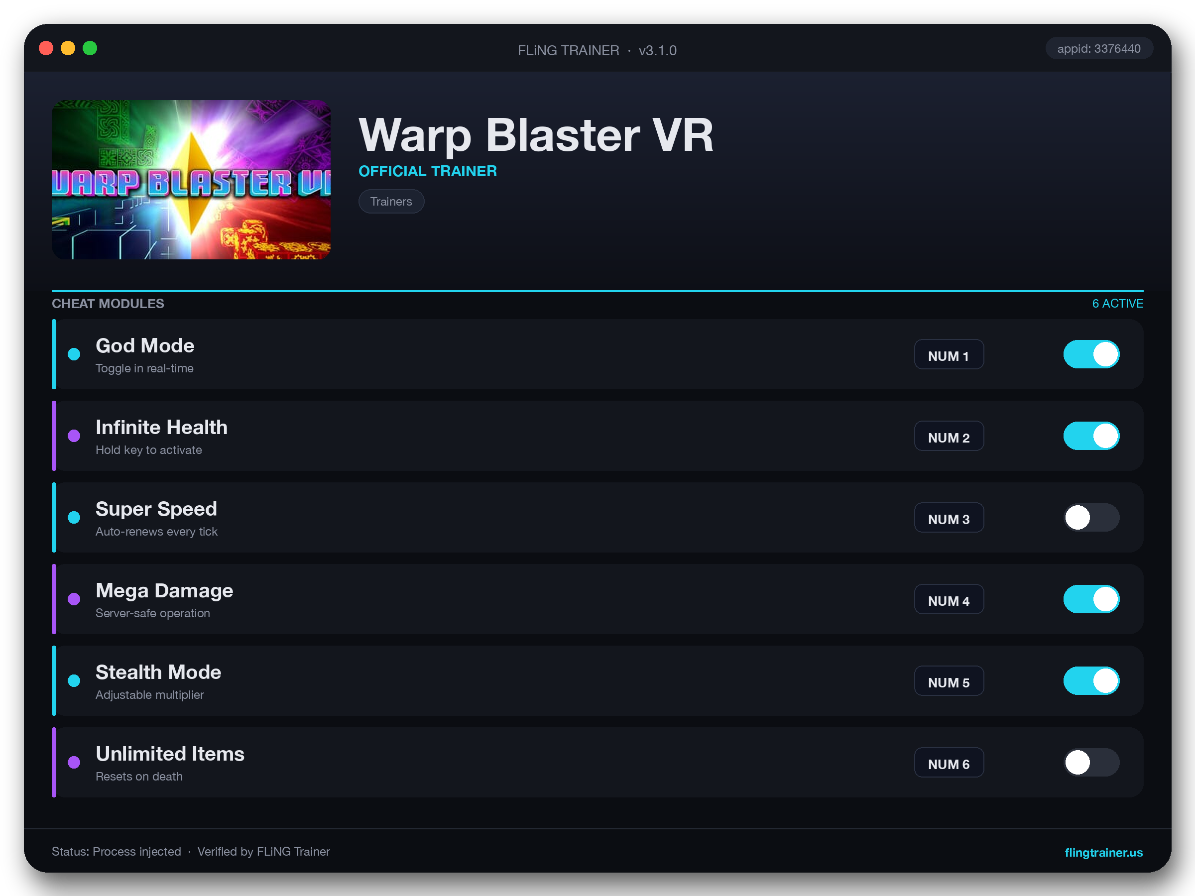 Warp Blaster VR Trainer interface