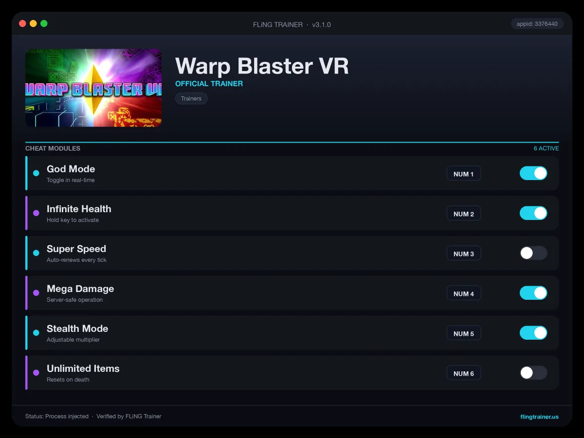 Warp Blaster VR Trainer interface