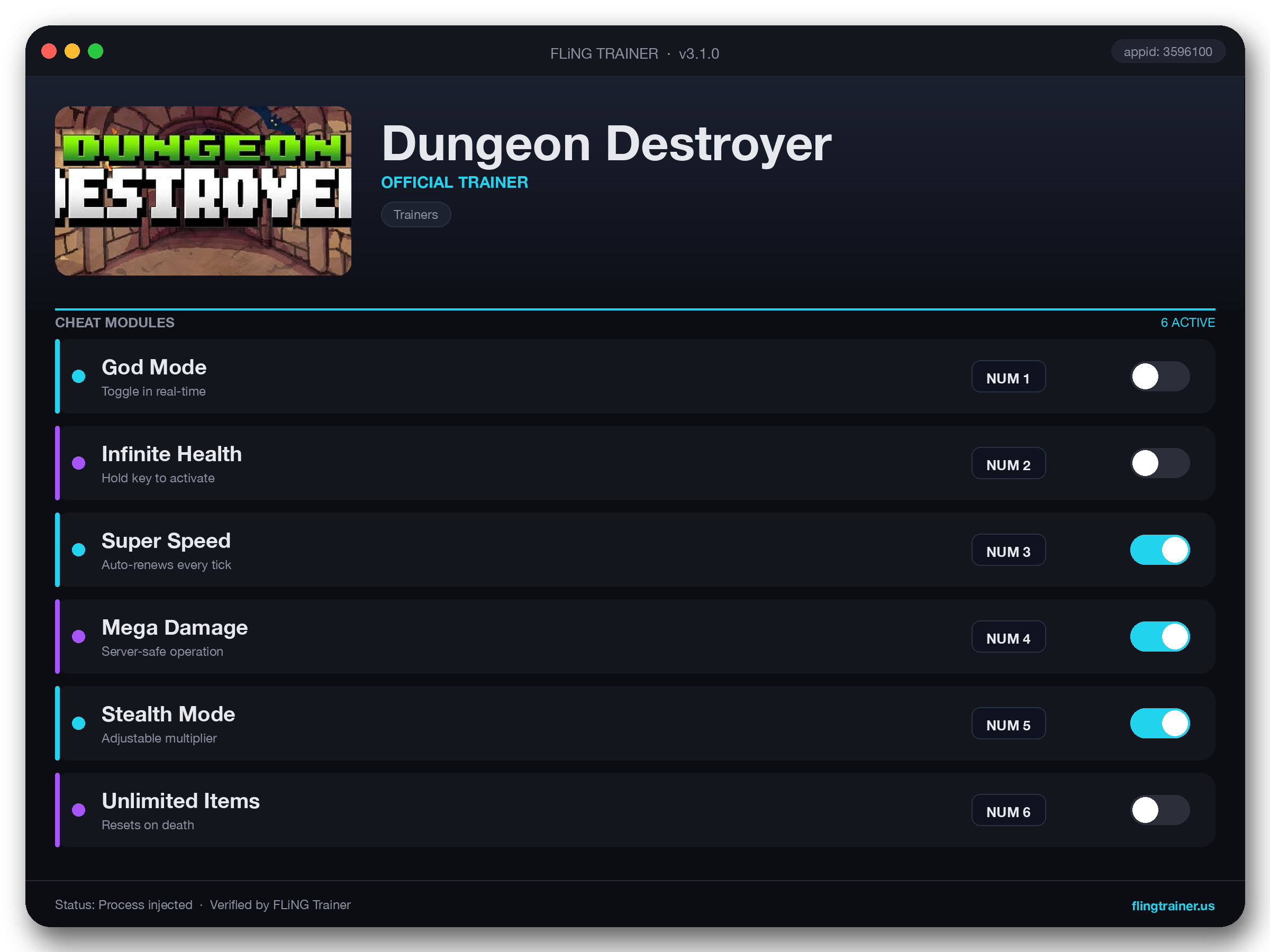 Dungeon Destroyer Trainer interface