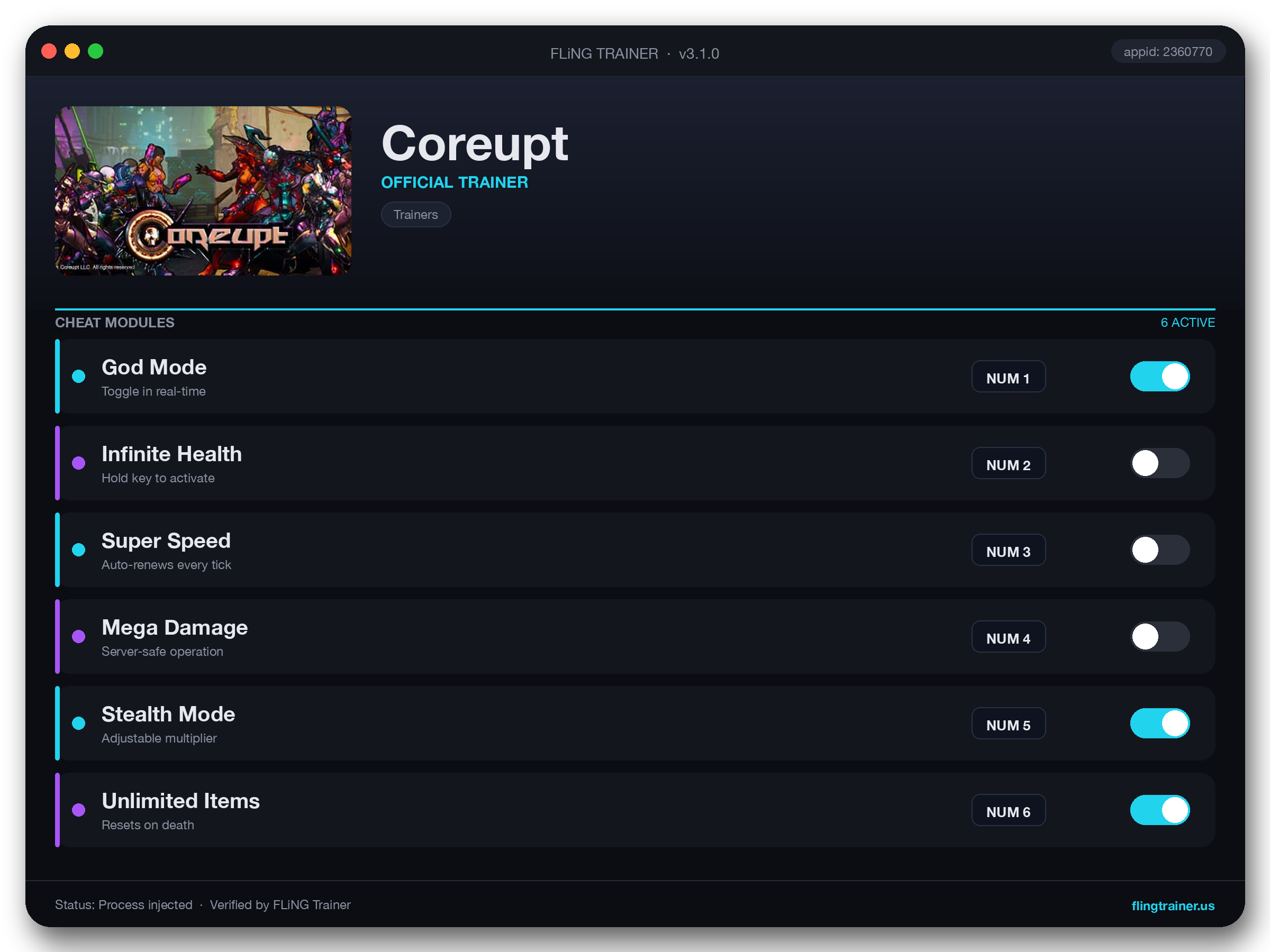 Coreupt Trainer interface