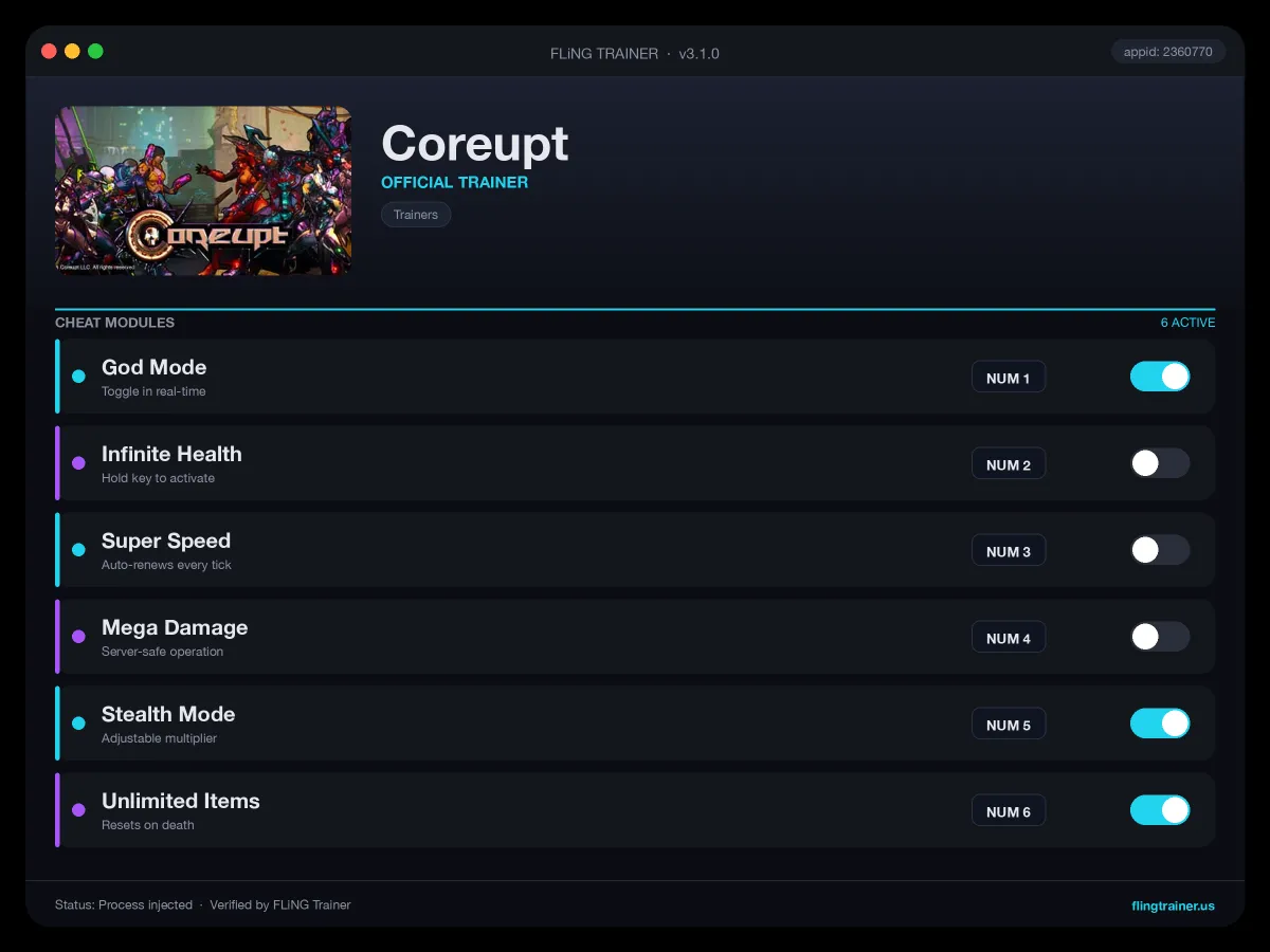 Coreupt Trainer interface