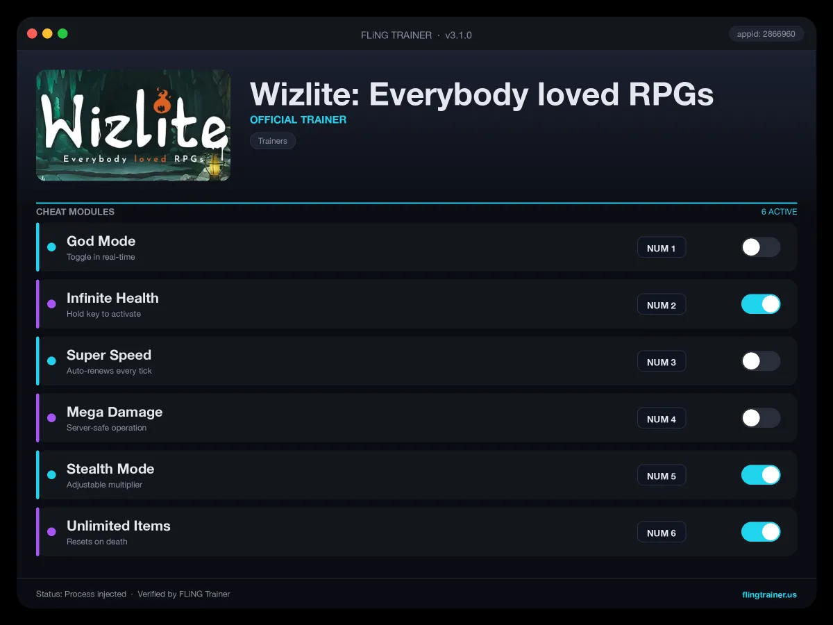 Wizlite: Everybody loved RPGs Trainer interface
