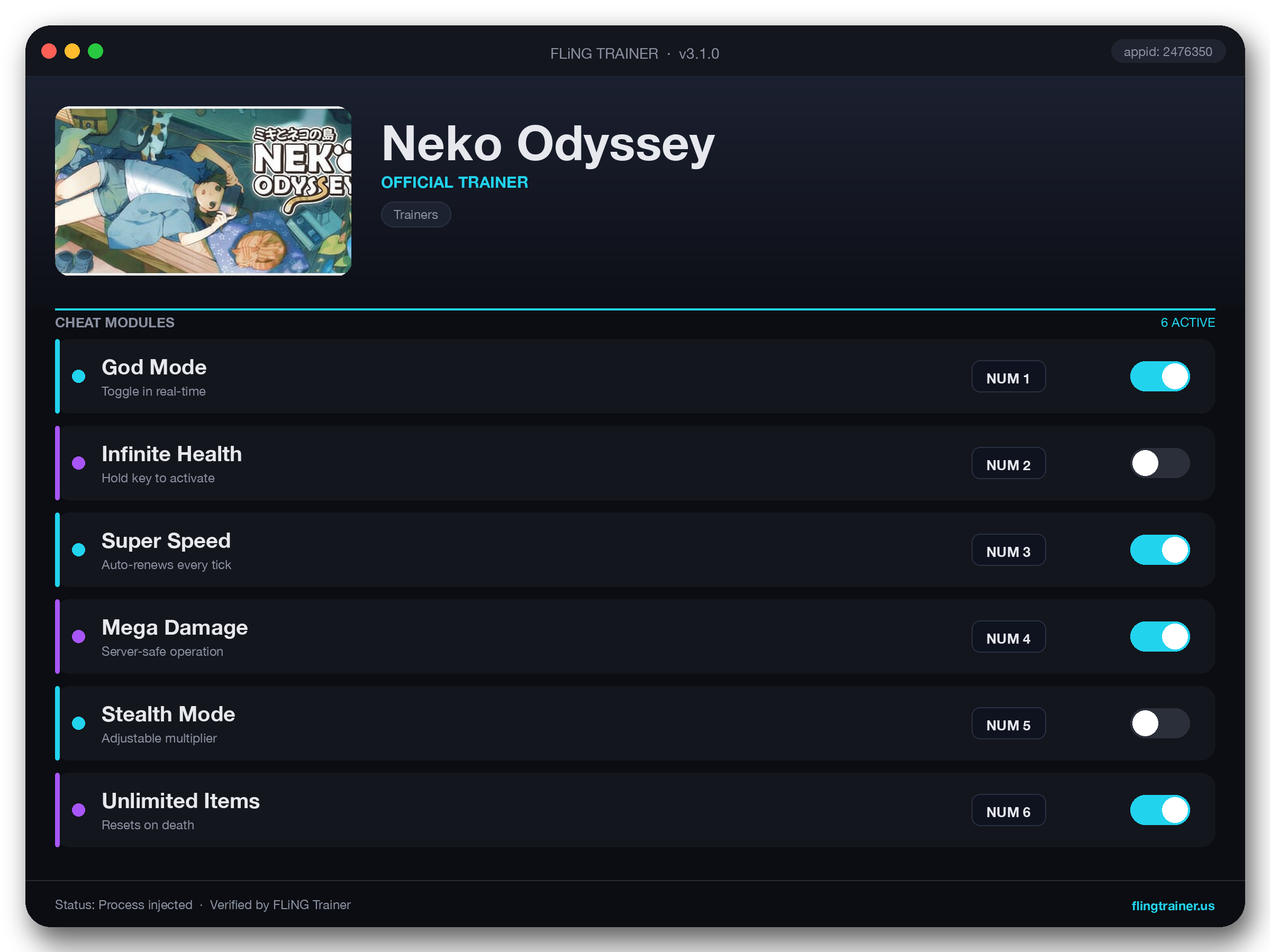 Neko Odyssey Trainer interface